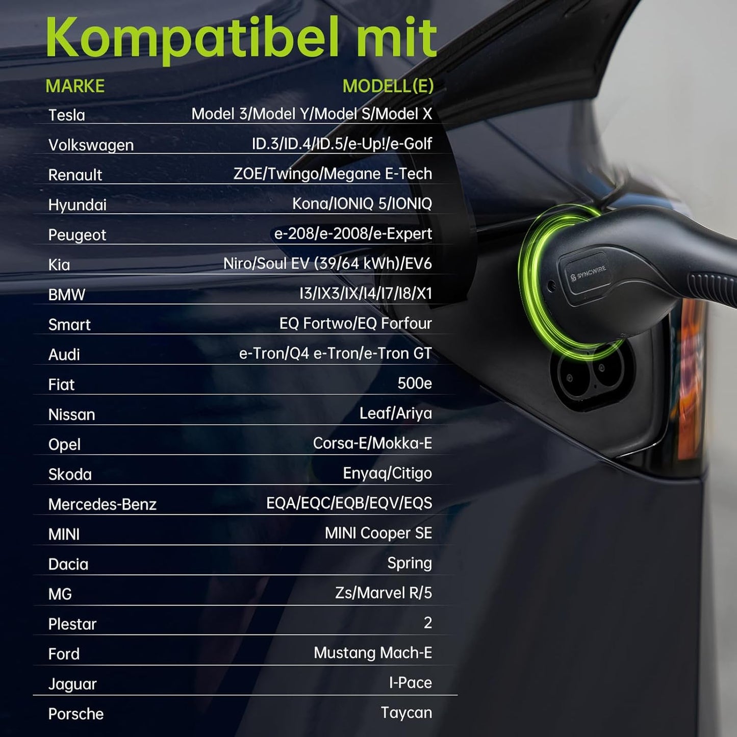 SYNCWIRE Typ 2 Ladekabel 7.2kW 8m 32A 1 Phasig, Mode 3 EV Ladekabel Typ 2 auf Typ 2 für EV & PHEV für Model S/X/Y/3, ID.3, ID.4, ID.5, E-Tron, e-208, I4, IX1, Kona, XC40, ENYAQ, Zoe usw