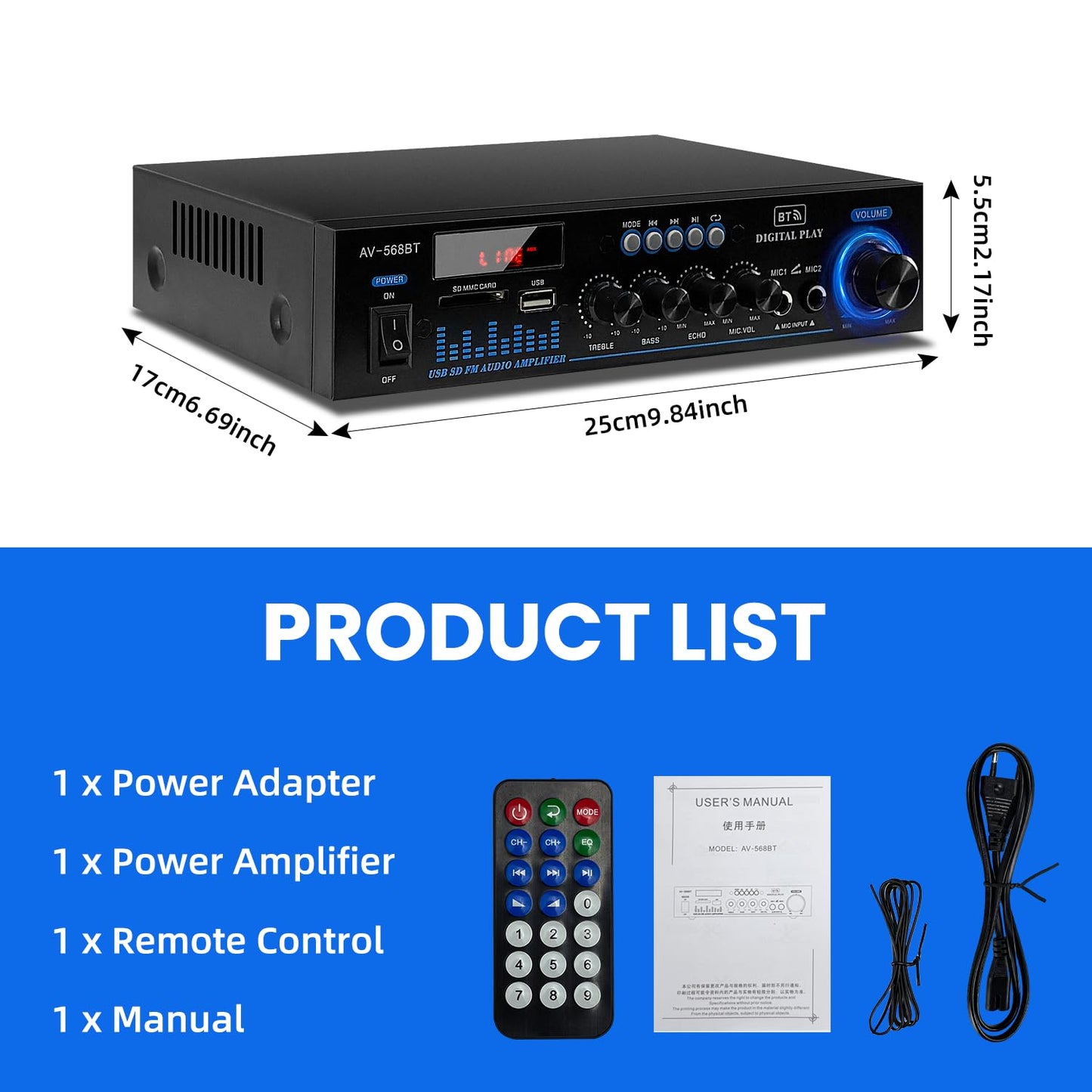 1000 W Mini Amplifier Hi-Fi Bluetooth 5.0 RMS 2 x 60 W Speaker 2 Channel Stereo Amplifier, Portable FM Radio, SD Card/USB Input/FM Radio, for Home Speakers or Your Car