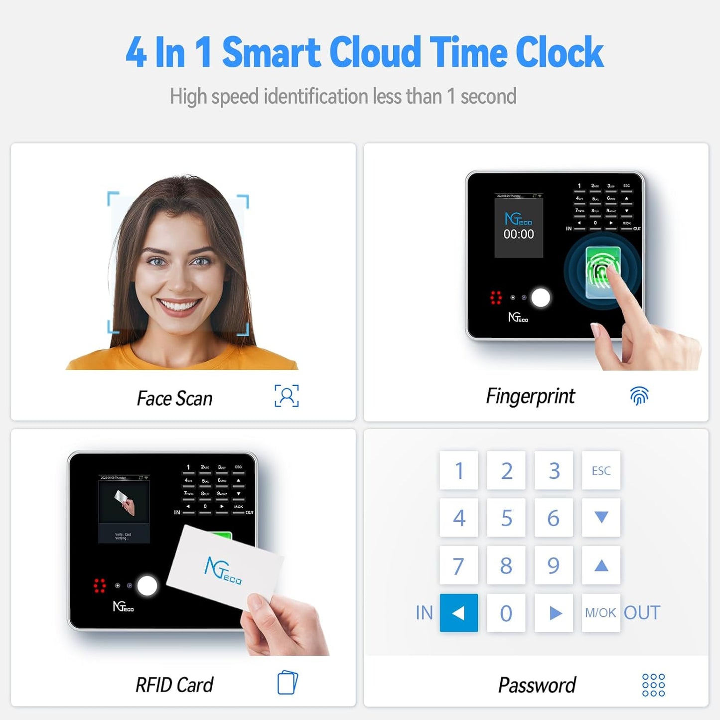 NGTeco TC1 Cloud Clocking in Machine for Employees Small Business with Face, Fingerprint, RFID and PIN Punching in One, Employee time clock with Professional Remote Control Software (0 Monthly Fee)