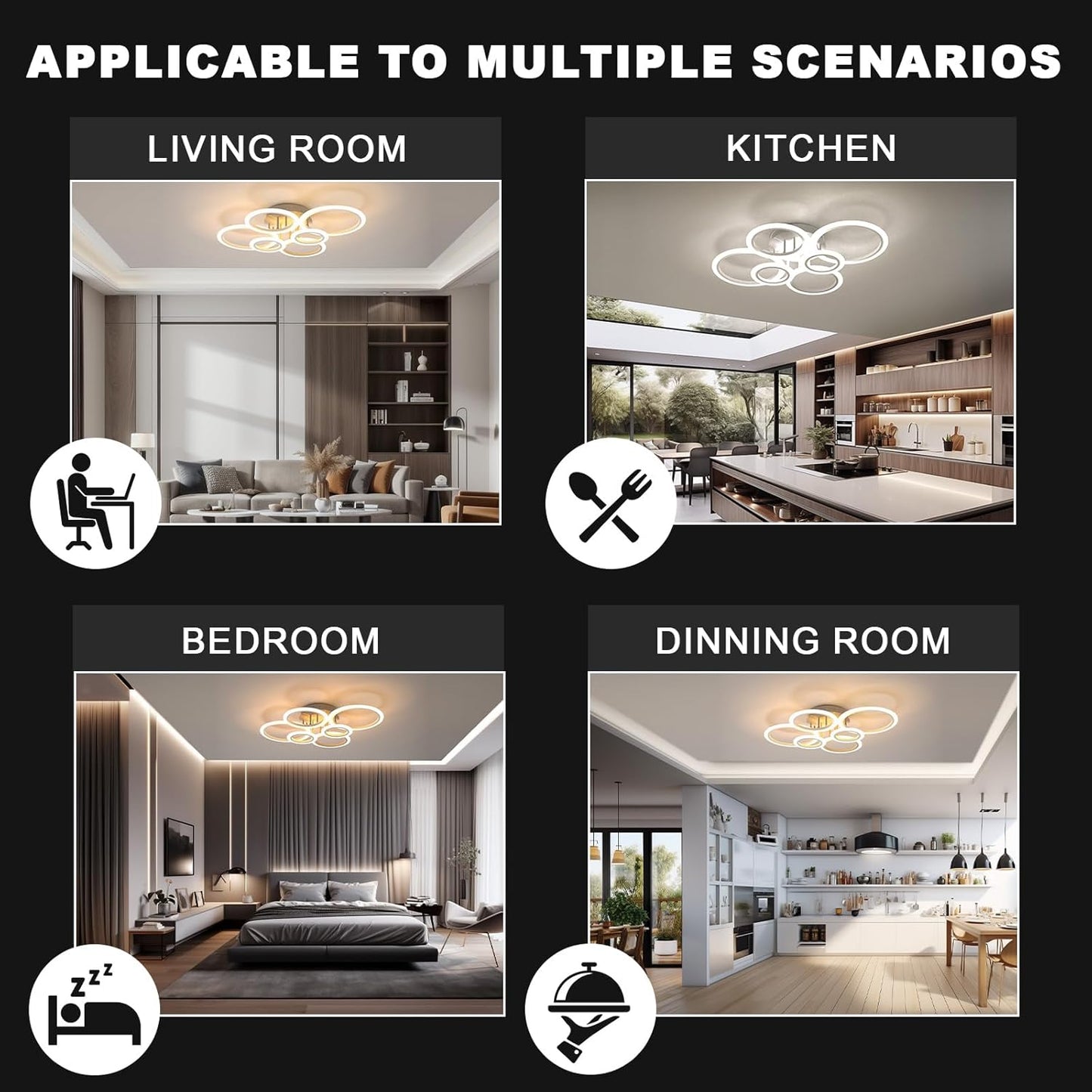 RUYI Ceiling Lights,Modern LED Arylic 6 Ring 72W 6400LM Flush Chandeliers Lamp with Remote Control,for Living Room,Bedroom,Bathroom,Dimmable 2800-7000K