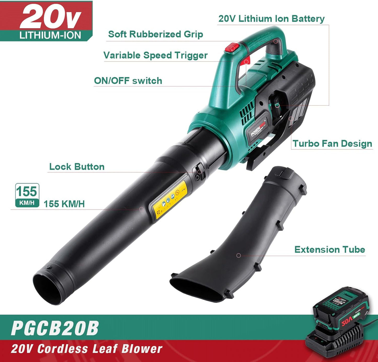 POSENPRO Battery Leaf Blower 20 V, Leaf Blower Battery 155 km/h 480 m³/h, Max 23000 RPM, Battery Blower Leaf Blower 2-Speed, Leaf Blower with 4000 mAh Battery and Charger, for Garden, Lawn Care, Snow