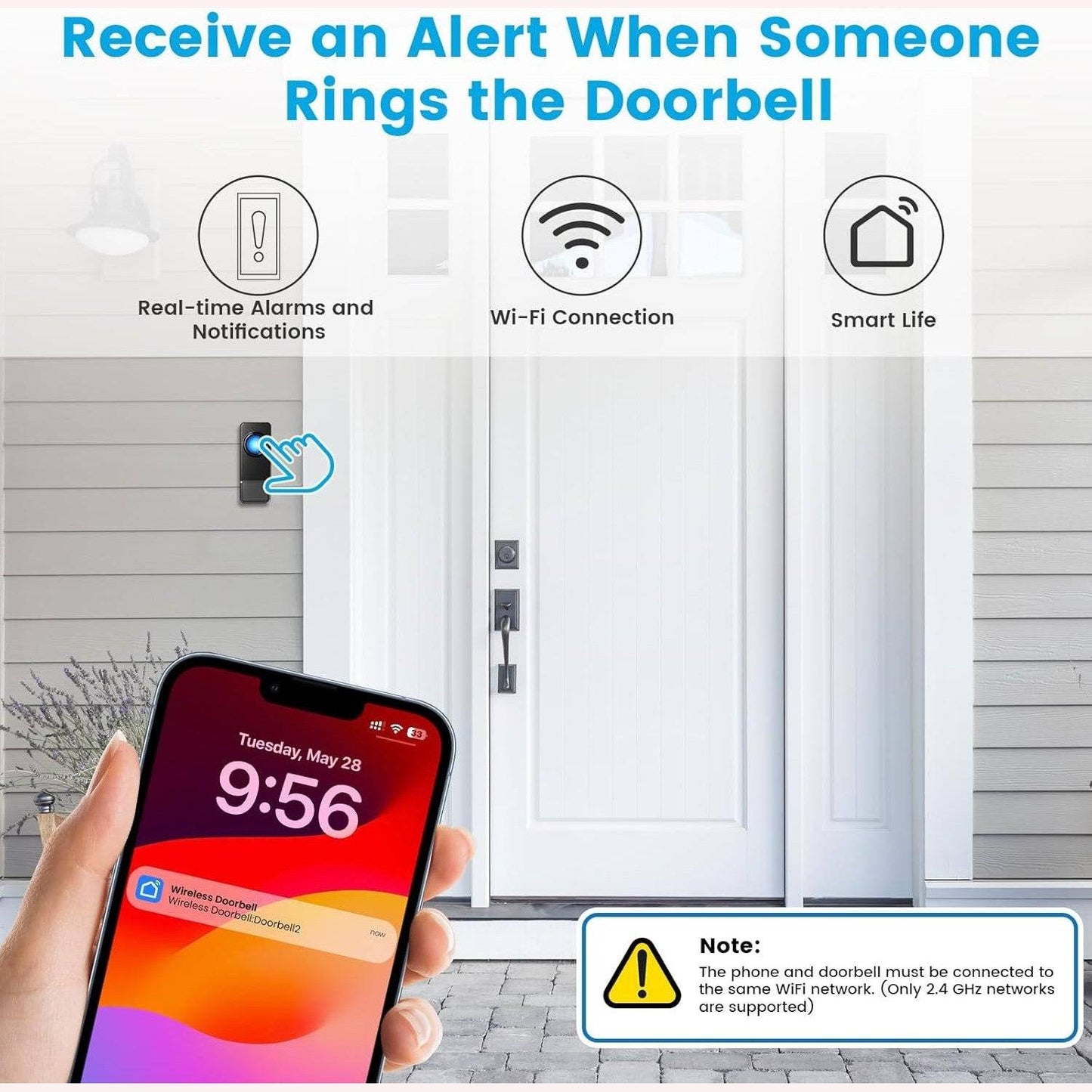 WiFi Doorbell Waterproof Outdoor, APP with No Subscription, 0-110dB Range Wireless Doorbell with 32 Melodies, Door Bell with Remote Notification, Door Bells with LED Flash for Homes, Offices