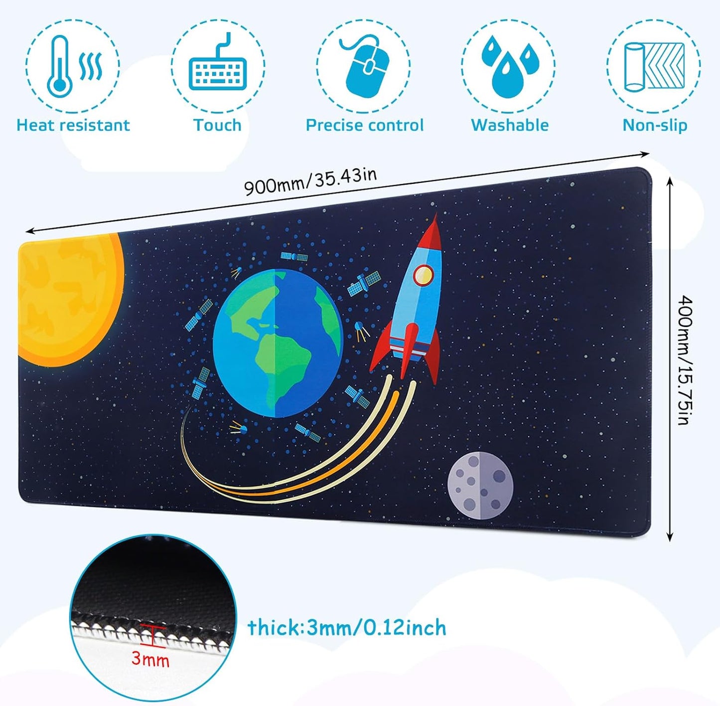 Mouse Mat Gaming Mouse Mat XXL 900 x 400 mm Desk Mat Large Mouse Mat White Mouse Pad Mouse Pad Earth Rocket Mouse Mat with Motif for PC Office Desk Mat Laptop Computer
