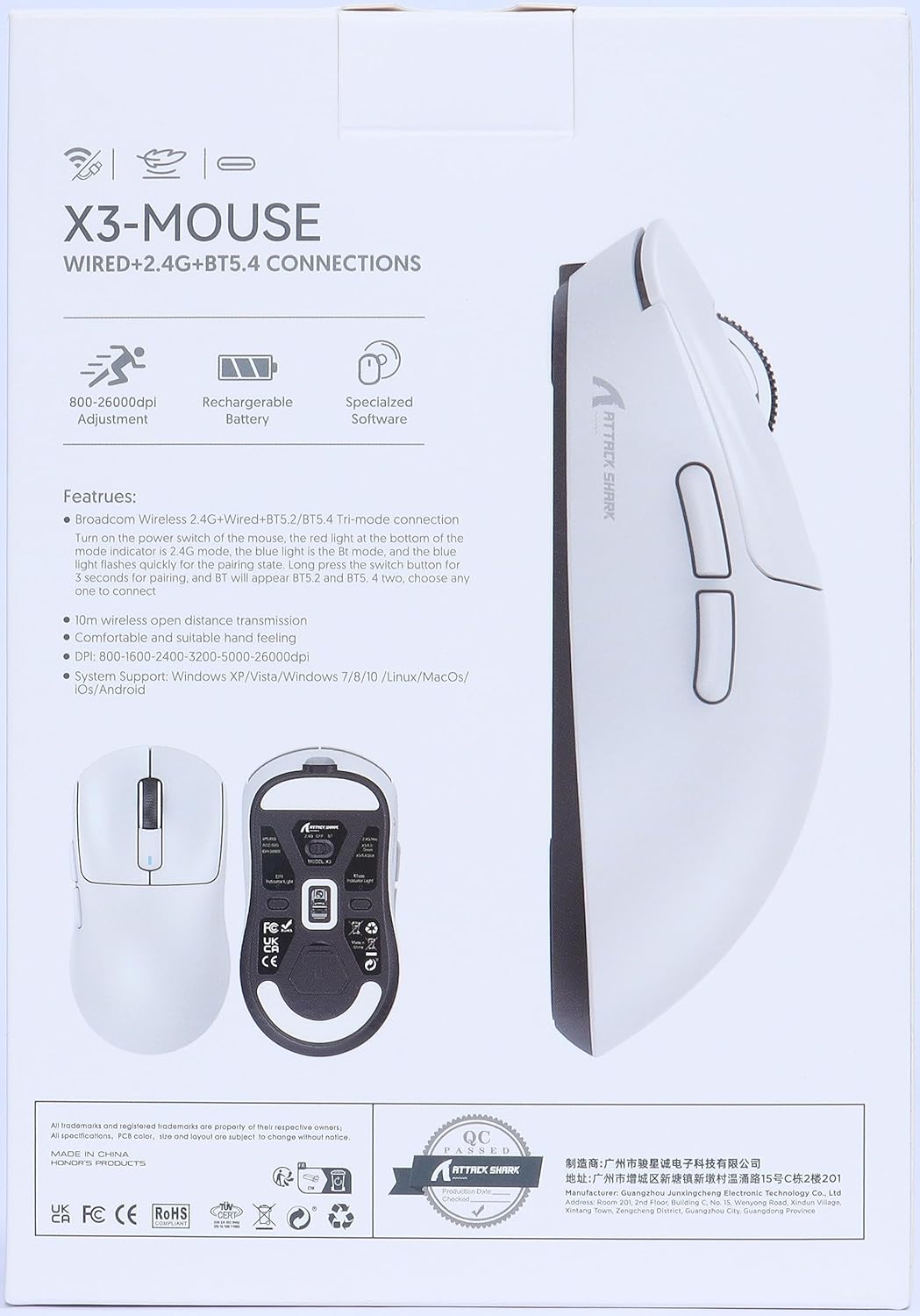 VGN GAMEPOWER x ATTACK SHARK X3 SUPERLIGHT Wireless Gaming Mouse, 49g Ultralight Mice, PixArt PAW3395, 26000 DPI, Tri-mode 2.4G/USB-C Wired/Bluetooth, G502, 200 Hrs Battery, Kailh GM8.0 Switch, Black