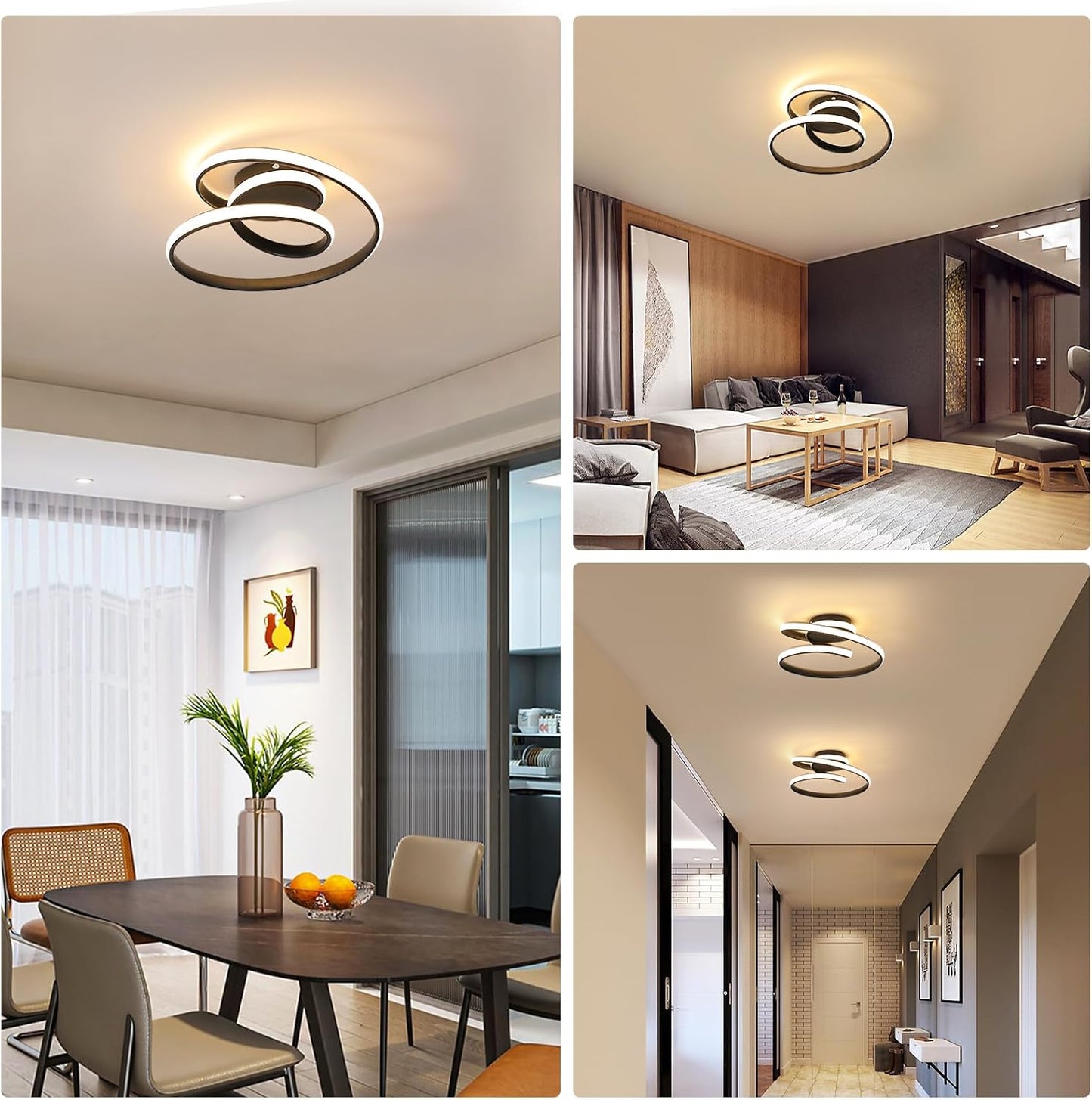 Comely Ceiling Light LED, 36 W Creative Spiral Design Ceiling Light Black Bedroom Lamp, Modern Ceiling Light LED Warm White 3000 K for Living Room, Dining Room, Kitchen, Hallway