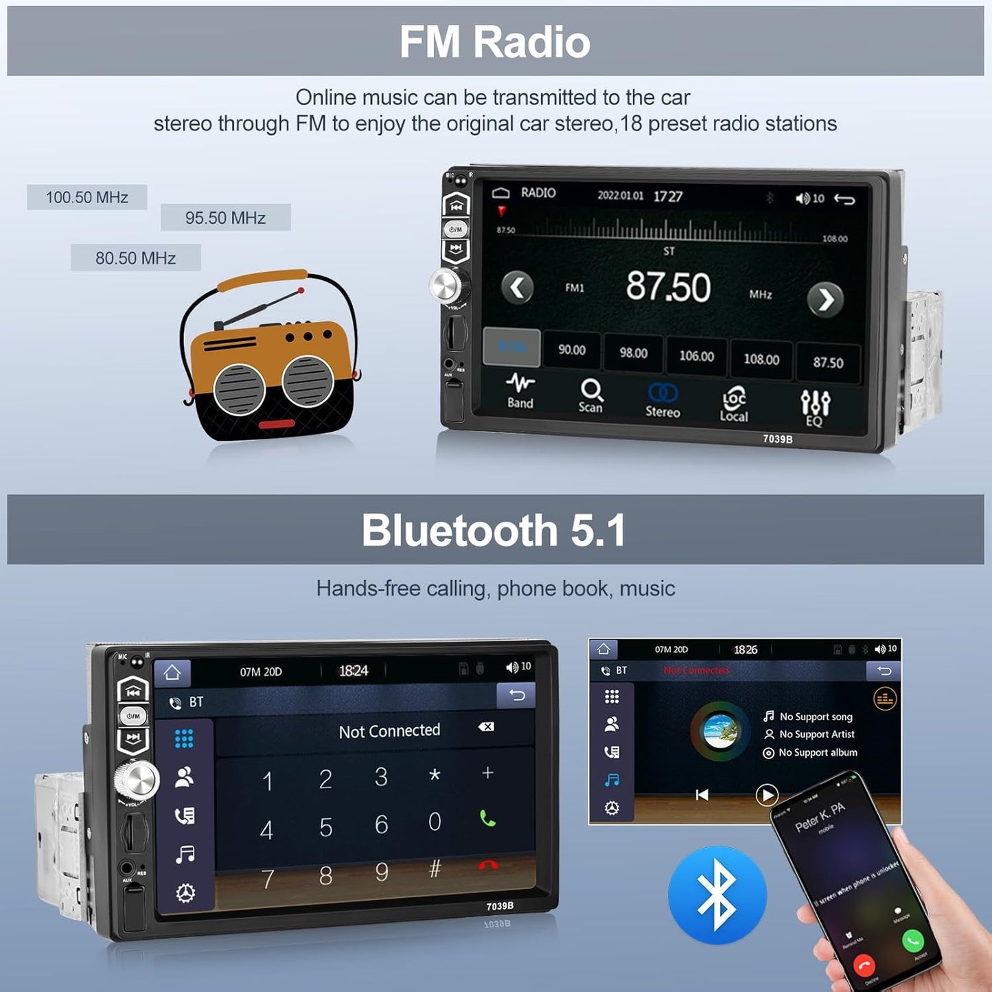 CAMECHO 1 DIN Car Radio with CarPlay Android Car 7 Inch Screen with Bluetooth Touchscreen with Reversing Camera Mirror Link FM Radio SWC USB