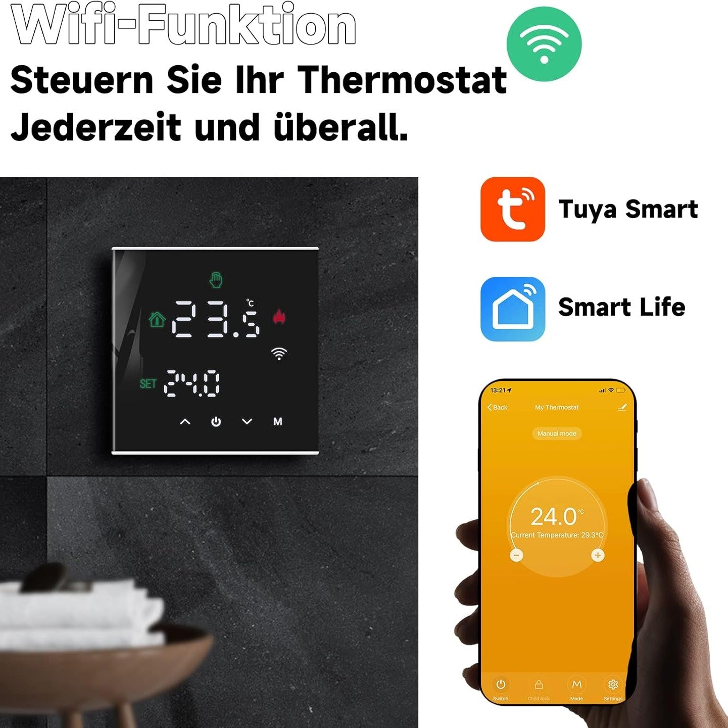 Beok Thermostat Heating Smart, WiFi Thermostats Underfloor Heating for Water Heating, Programmable Room Thermostat Tuya App Compatible with Alexa, Google Home 3A TGW60B-WIFI-WP Black