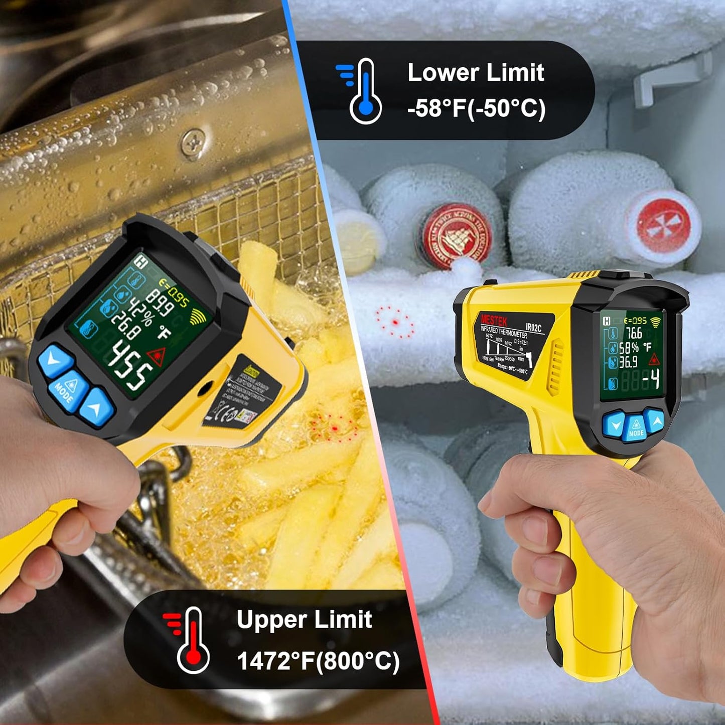 MESTEK Infrared Thermometer Temperature Gun with K Probe Non-Contact Laser Digital Thermometer -58℉~1472℉(-50℃~800℃) Color LCD Screen Adjustable Emissivity Humidity Cooking BBQ Oven Pizza Car Fridge