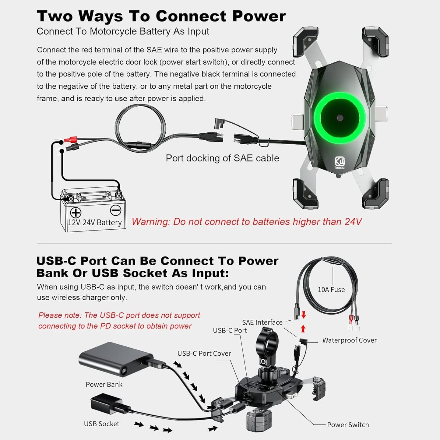 Kewig Mobile Phone Holder Bicycle, 15 W Wireless and USB-C 20 W, 360° Rotatable Motorcycle Bicycle Mobile Phone Holder, Waterproof, Suitable for 4-7 Inch Smartphones
