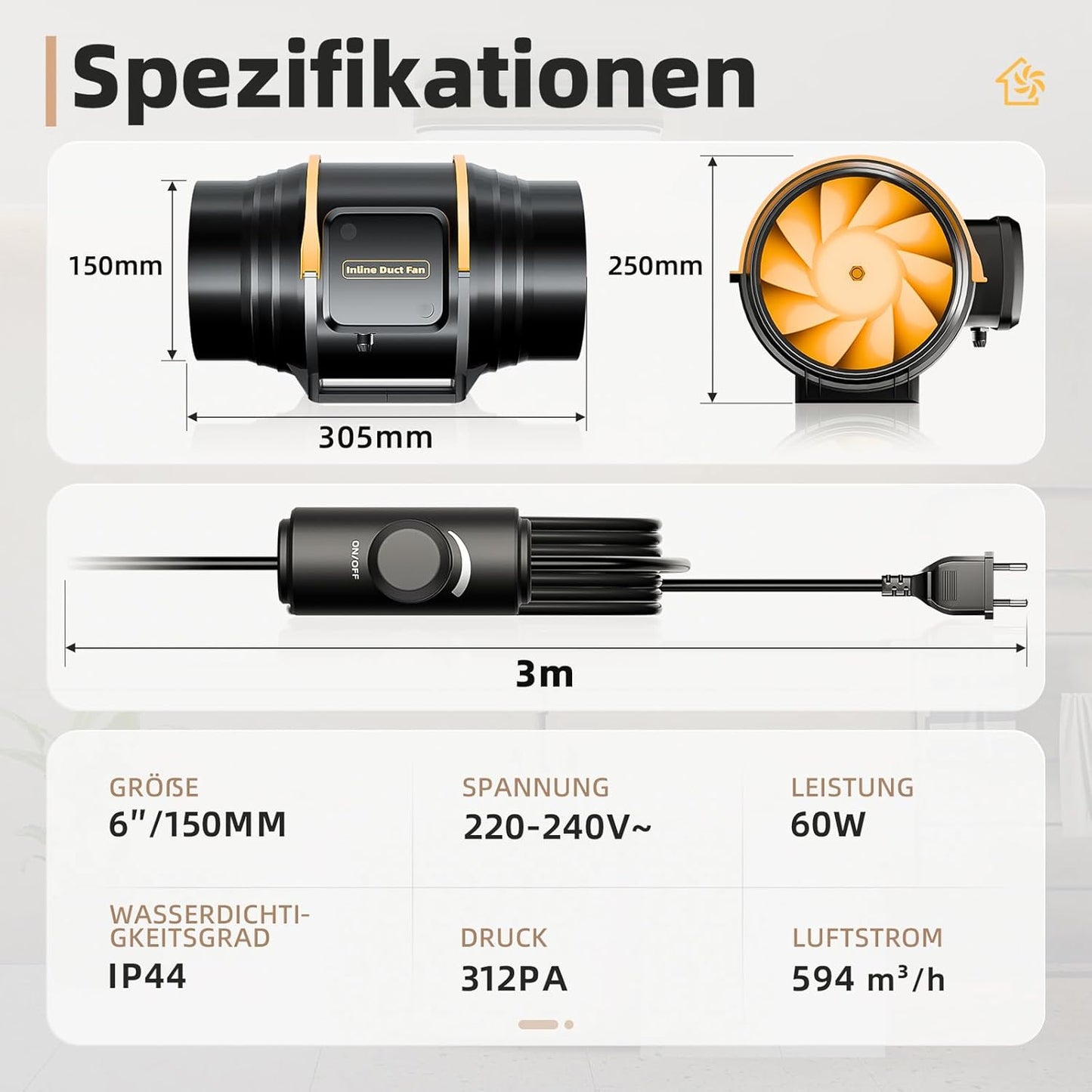 QiCrafe Rohrventilator 150mm Regelbar, 594m³/h Rohrlüfter mit Drehzahlregler, Abluftventilator Leise EC Motor Stufenlose Geschwindigkeitsregelung, 3m VDE Netzkabel Lüfter für WC Gewächshaus Garage
