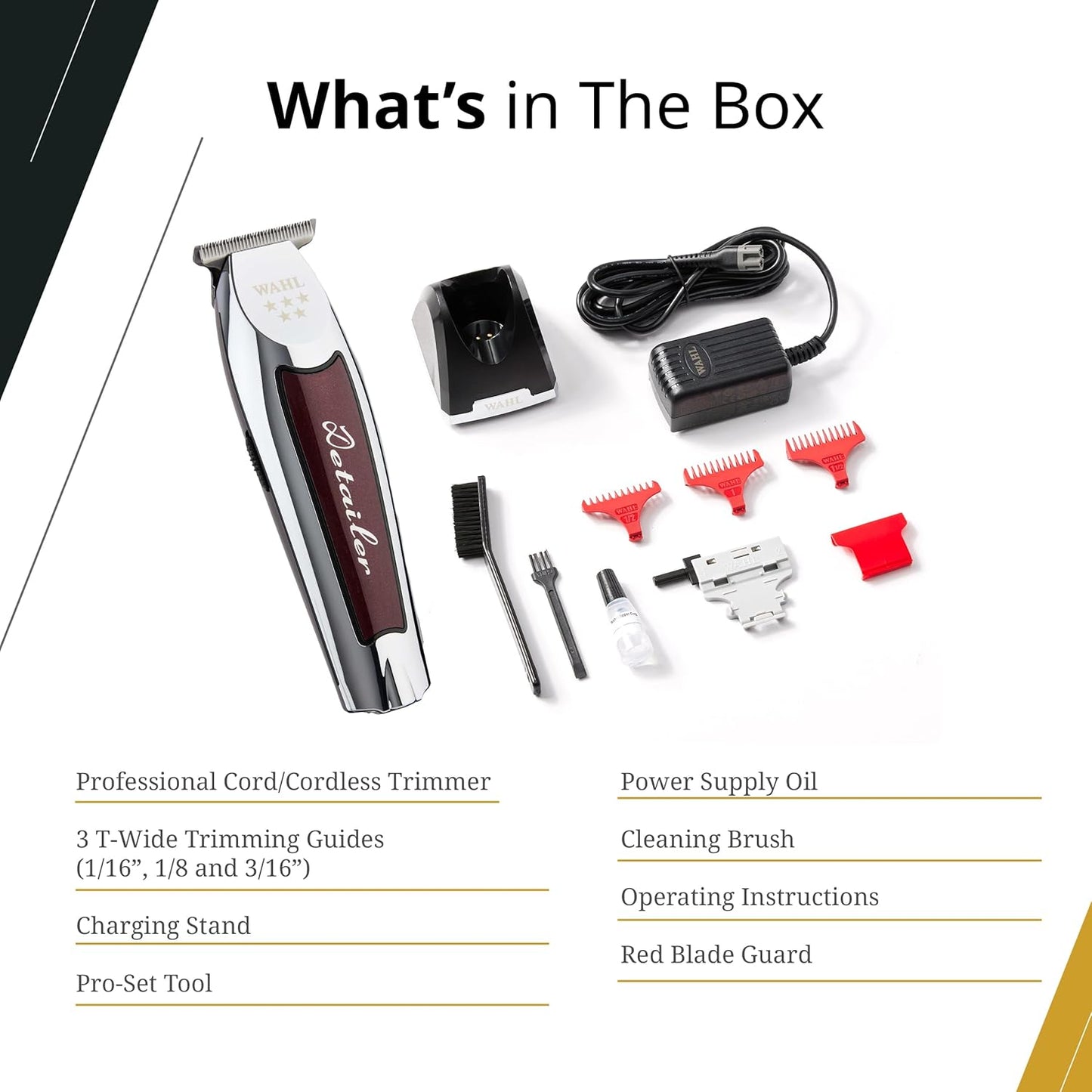 Wahl Professional Cordless Detailer Li Trimmer T Wide Blade, Lithium-Ion Battery 100 Min Runtime for Hair & Beard, with Charging Stand