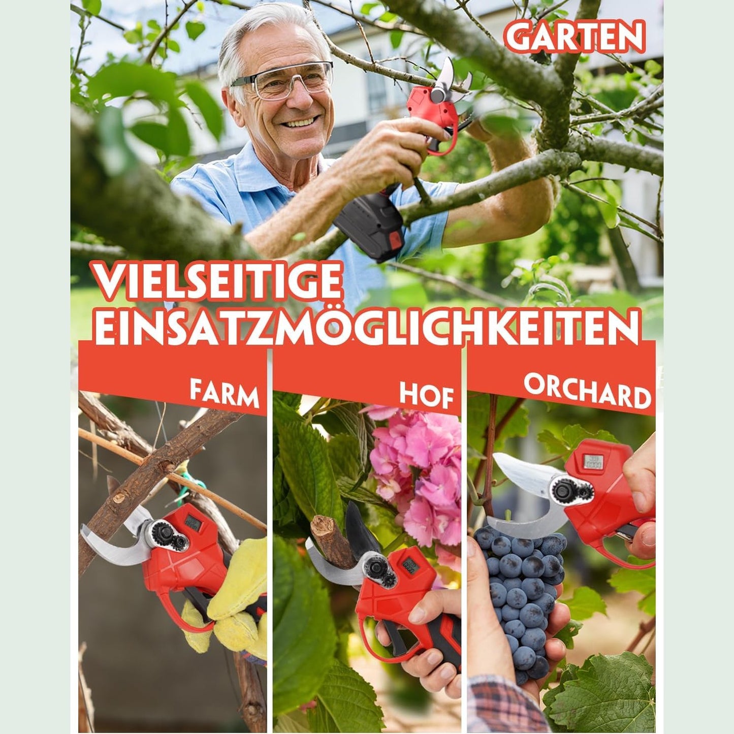 Professional Battery Pruning Shears, 30 mm Garden Shears with 2 Batteries 2000 mAh, 1000 W Brushless Motor Bypass Lopper, Electric Garden Scissors with LED Cutting Meter, Compatible with Makita 18 V