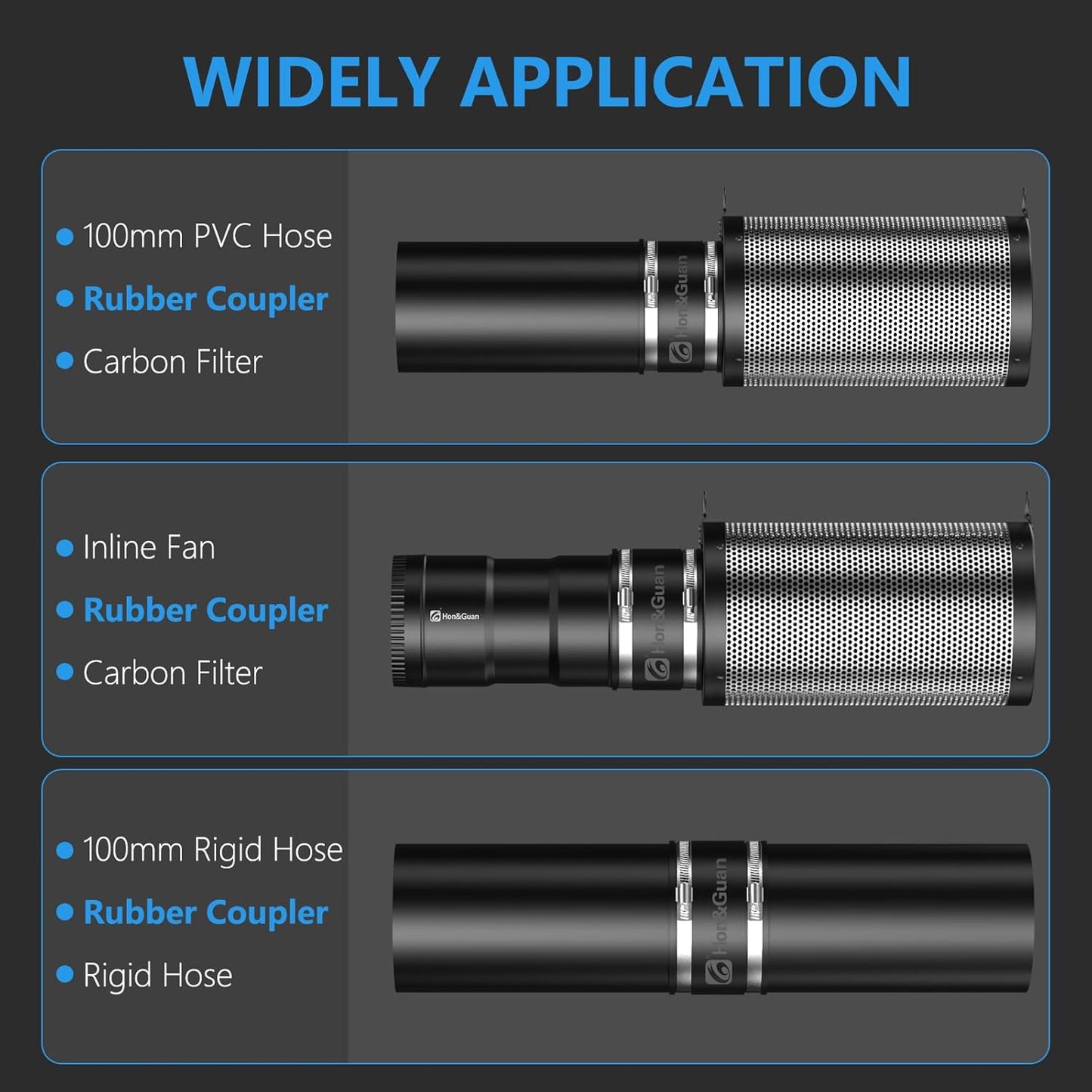 Hon&Guan 100 mm Flexible Rubber Sleeve Rubber Coupling with Two Stainless Steel Clamps, Noise-Reducing Cuff Odourless, Pipe Connector for Pipe Fan, Carbon Filter, Rigid Pipe, Steel Pipe