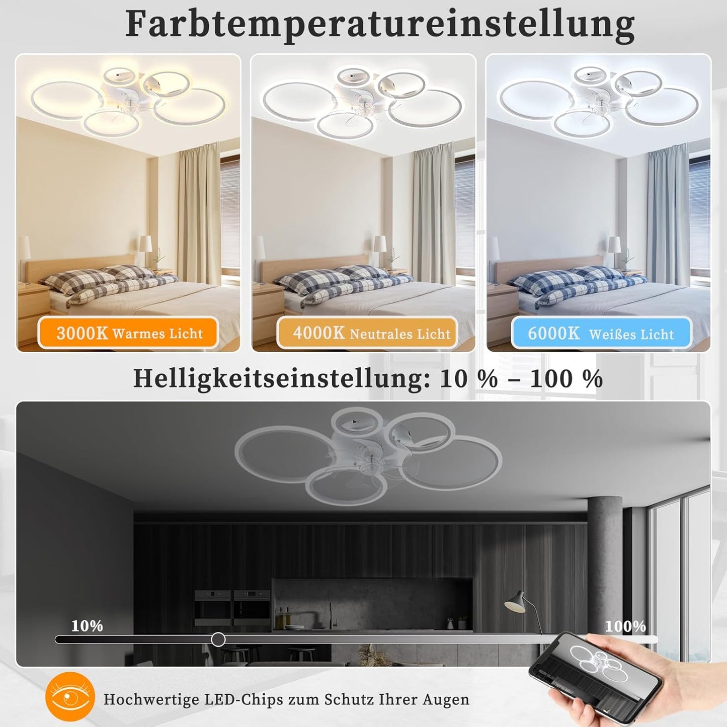 LED Ceiling Fan with Lighting, 100 cm Lamp with Fan and Remote Control App, 80 W Ceiling Light with Fan, Ceiling Fan with Light, Ceiling Fan for Bedroom, Living Room, White