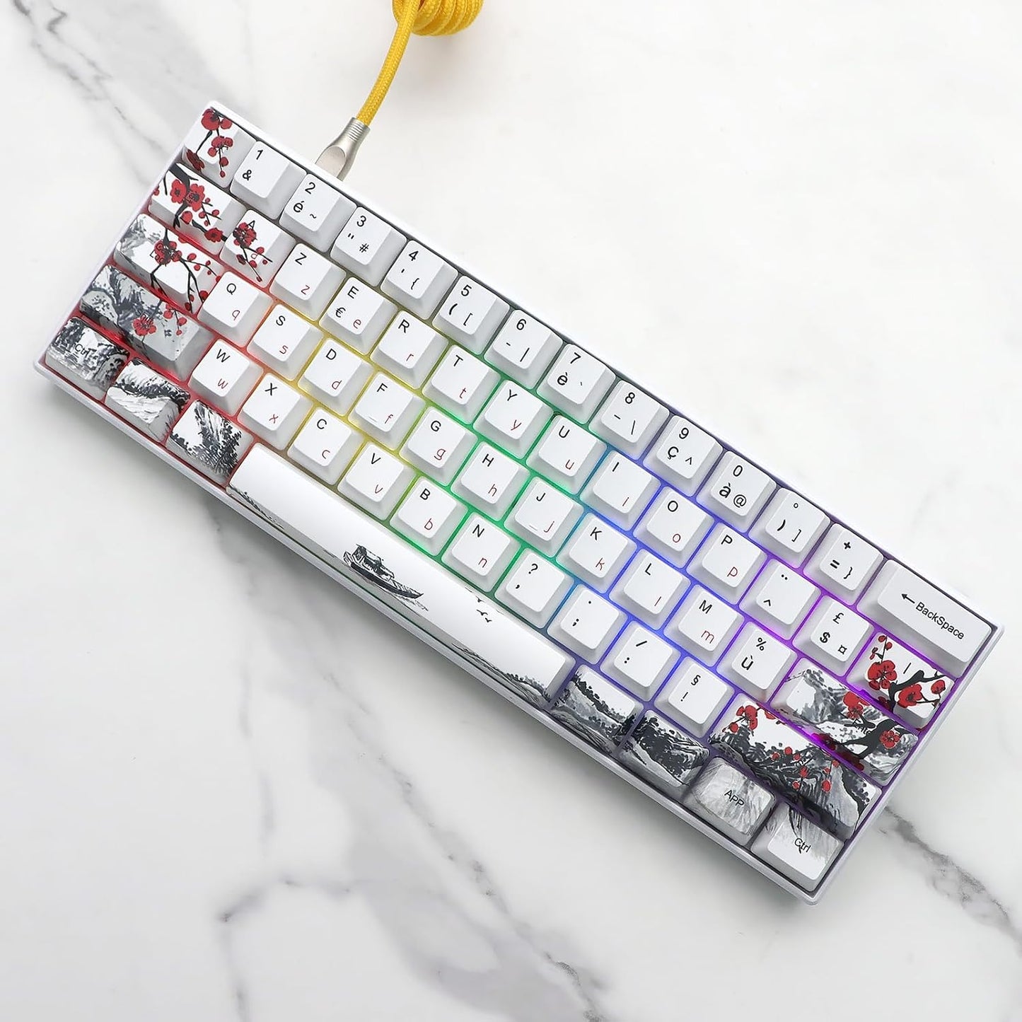 JSJT Plum Blossom Keycaps 128 Keys French Keycaps PBT OEM Profile Custom Keycaps for 61/68/87/96/104/108 Cherry MX Switches Mechanical Keyboard