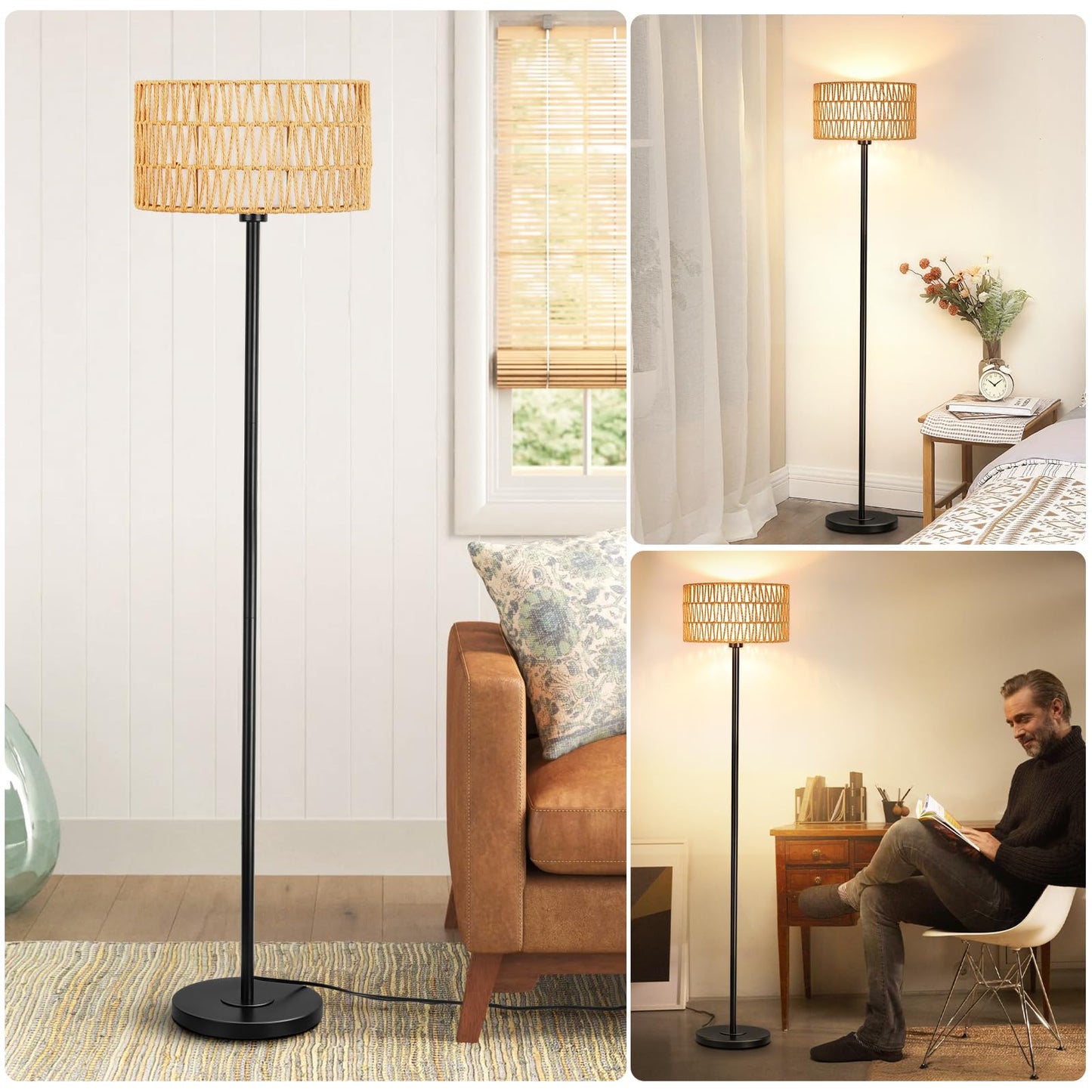 Lampa de podea Qingmiao Rattan Boho LED 8W baza metalica neagra