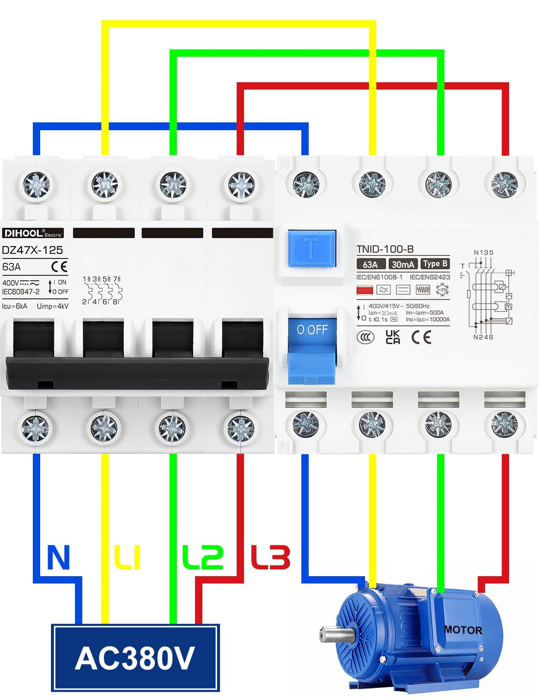 DIHOOL RCD type B fi afbryder reststrøm enhed FI-kontakt DIN hat skinne 4-polet 63 A 30mA