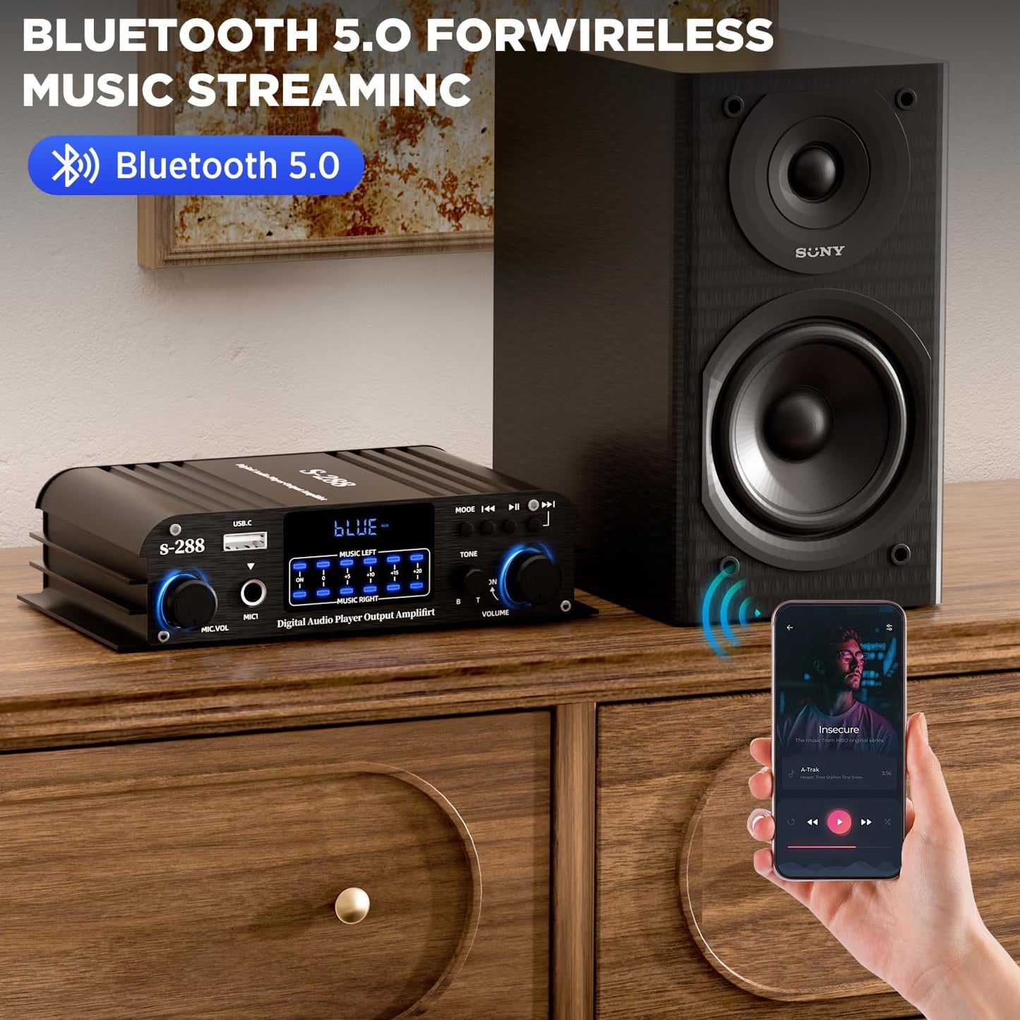 4.1 Channel Amplifier, 1200 W Mini HiFi Stereo Amplifier, Bluetooth 5.0 for Home Speakers 35 W x 4 from 110-240 V to DC 12 V with USB/Microphone/FM with Remote Control