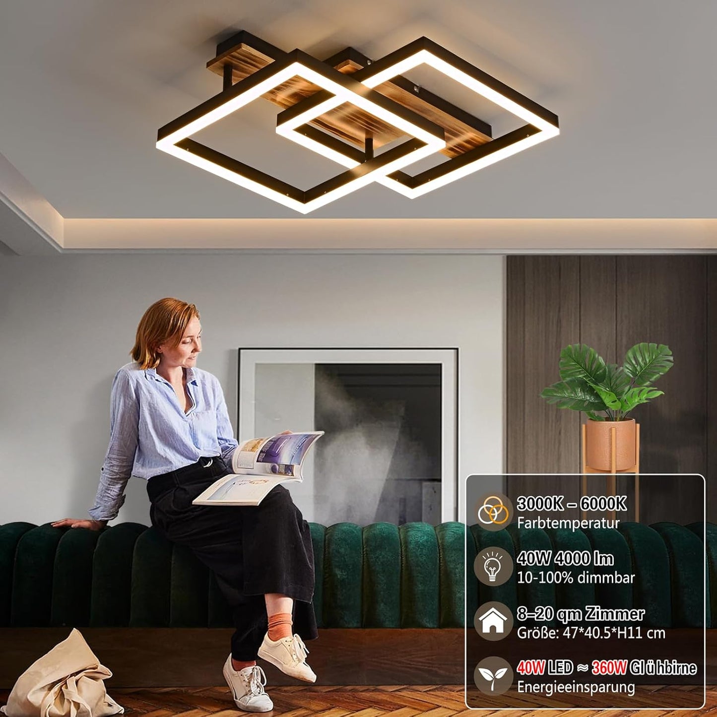 SEATAIN LED Ceiling Light Wood Dimmable Solid Wood Black Frame Vintage Ceiling Light with Remote Control 40 W 47 cm 4000 lm 3000-6000 K Bedroom Lamp Living Room Lamp Memory Function 4 W Night Light