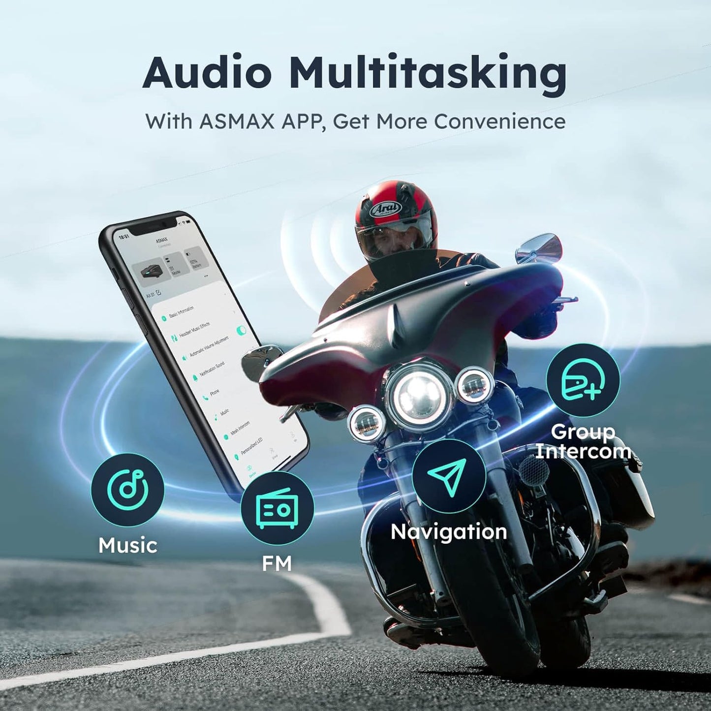 S1 Motorcycle Bluetooth Headset, 8 Riders Mesh Helmet Communication Systems with FM Radio, AI Voice Control Motorcycle Intercom, 60 Min Fast Charging, Auto Volume Control for ATV (S1-1 Pack)