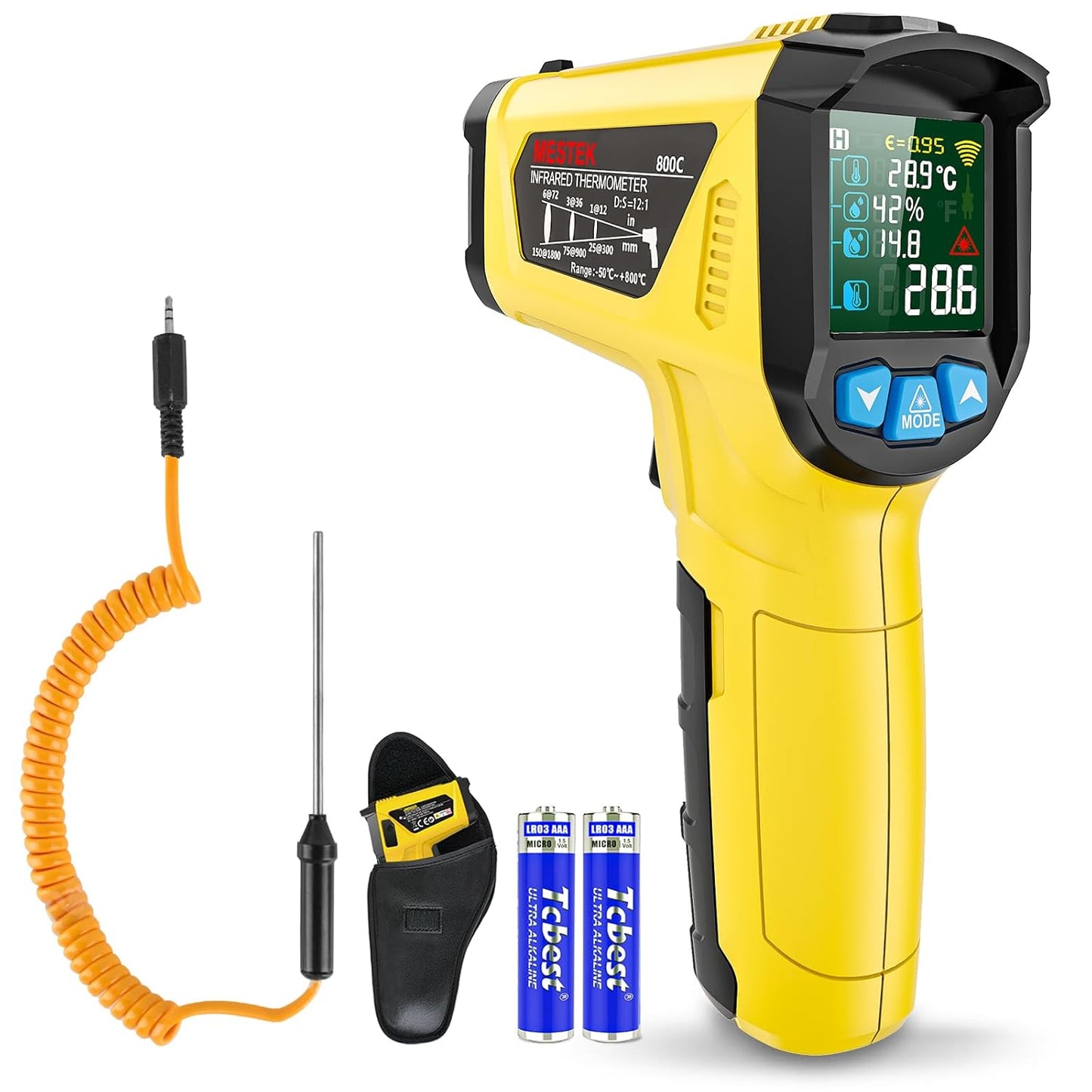 MESTEK Infrared Thermometer Temperature Gun with K Probe Non-Contact Laser Digital Thermometer -58℉~1472℉(-50℃~800℃) Color LCD Screen Adjustable Emissivity Humidity Cooking BBQ Oven Pizza Car Fridge