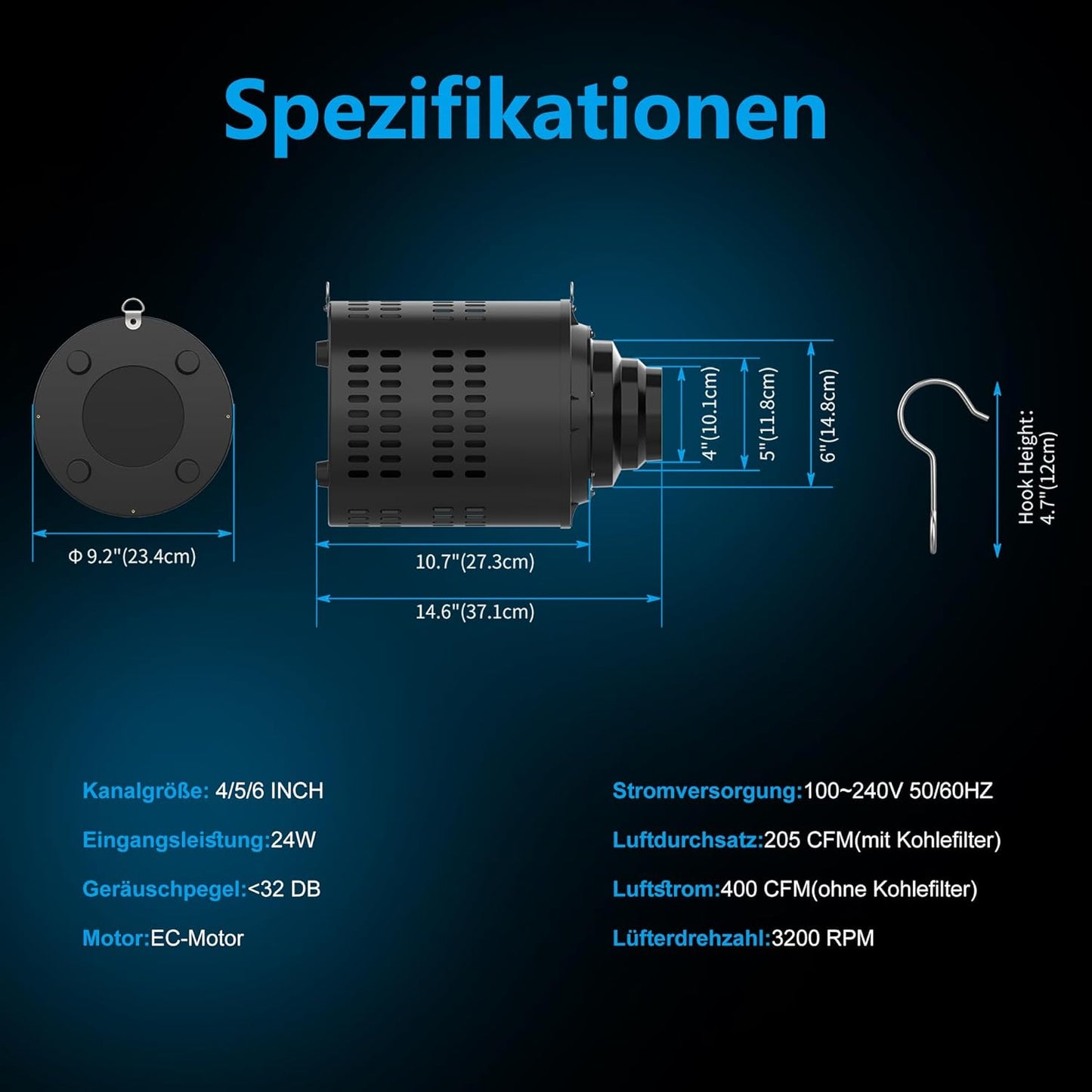Everkeen Growbox Komplettset, Aktivkohlefilter Grow Ventilator Set 2-in-1 Abluft Rohrventilator 100mm Aktivkohlefilter Grow Lüfter Set mit Drehzahlregler Belüftungssystem für Growbox, Growzelt