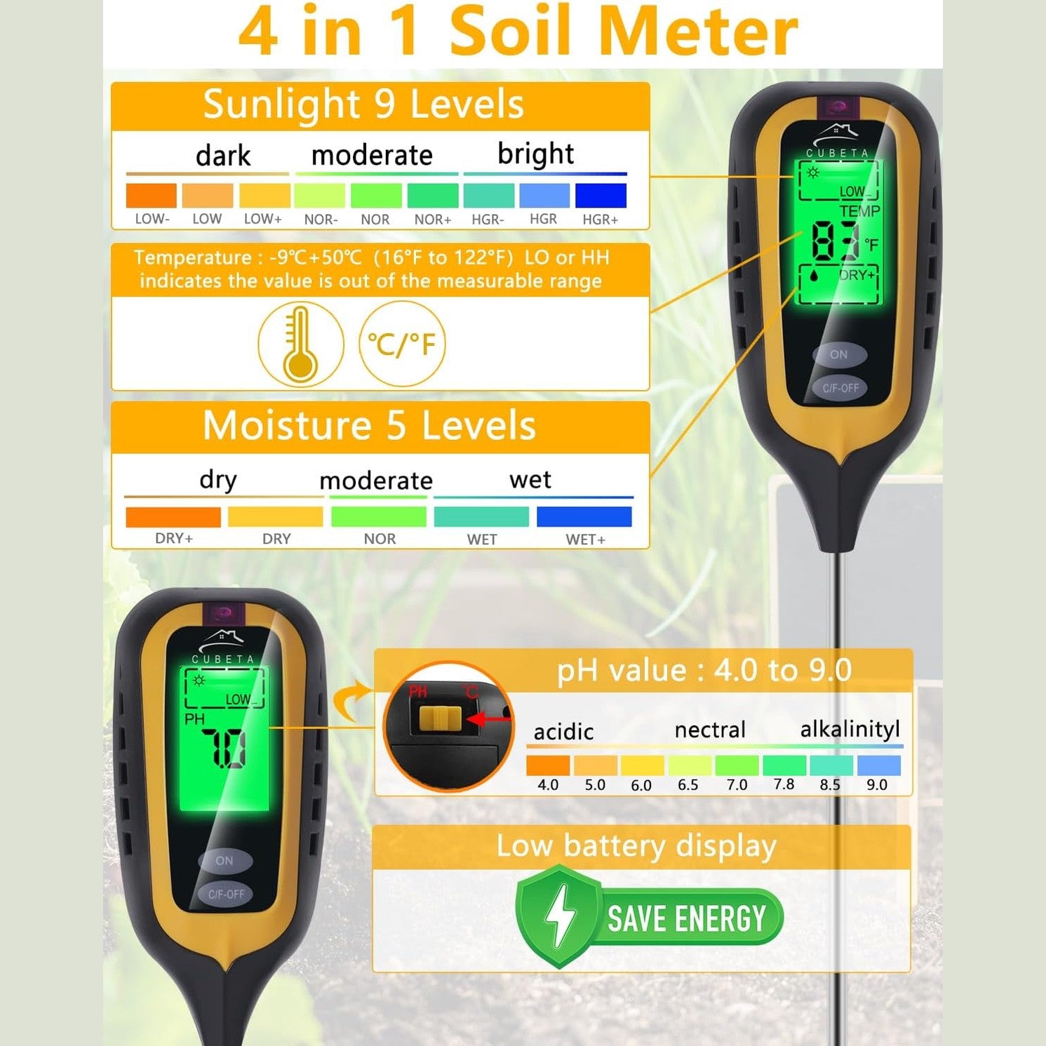 CUBETA Moisture Meter Plants Moisture Meter 4 in 1 Humidity/Temperature/pH/Light for Gardening, Lawn, Indoor Plants (Yellow)