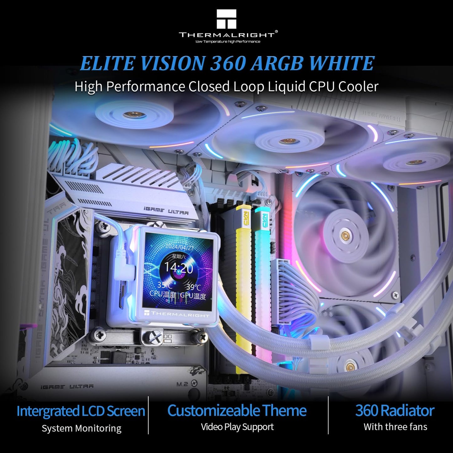 Thermalright Elite Vision 360 ARGB White CPU AIO Cooler,IPS LCD Screen with 320 * 320 Resolution,for AM5,Intel 1700/1851,High-performance CPU Water-cooler with 2.73in Removable Liquid Crystal Display
