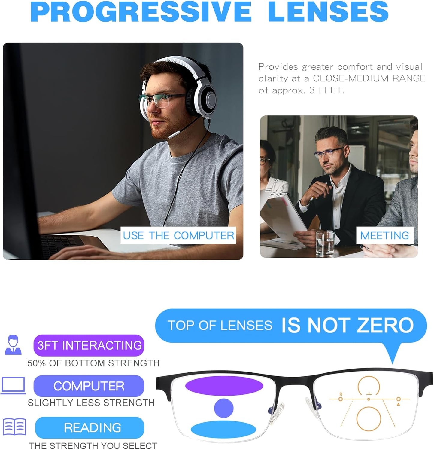 Missfive 2 Pack Mens Quality Progressive Multifocus Reading Glasses Blue Light Blocking, Man Spring Hinge No-Line Multifocal Readers Half Frame Metal Eyeglasses (Workspace For Near Range, 2.5x)