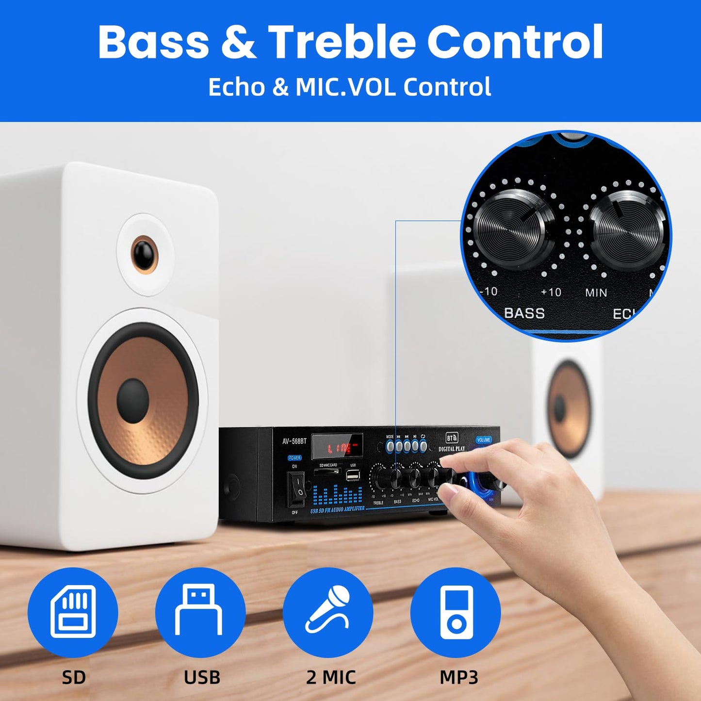 1000 W Mini Amplifier Hi-Fi Bluetooth 5.0 RMS 2 x 60 W Speaker 2 Channel Stereo Amplifier, Portable FM Radio, SD Card/USB Input/FM Radio, for Home Speakers or Your Car