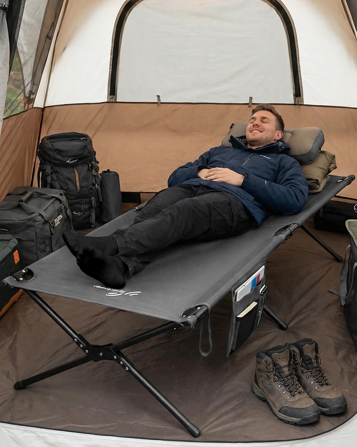 Pat pliabil de camping Sportneer cu saltea, 199 x 73 cm, gri