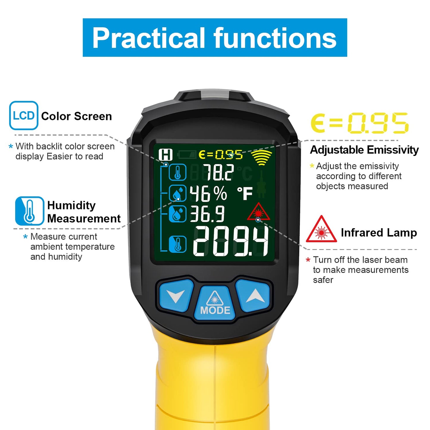 MESTEK Infrared Thermometer Temperature Gun with K Probe Non-Contact Laser Digital Thermometer -58℉~1472℉(-50℃~800℃) Color LCD Screen Adjustable Emissivity Humidity Cooking BBQ Oven Pizza Car Fridge