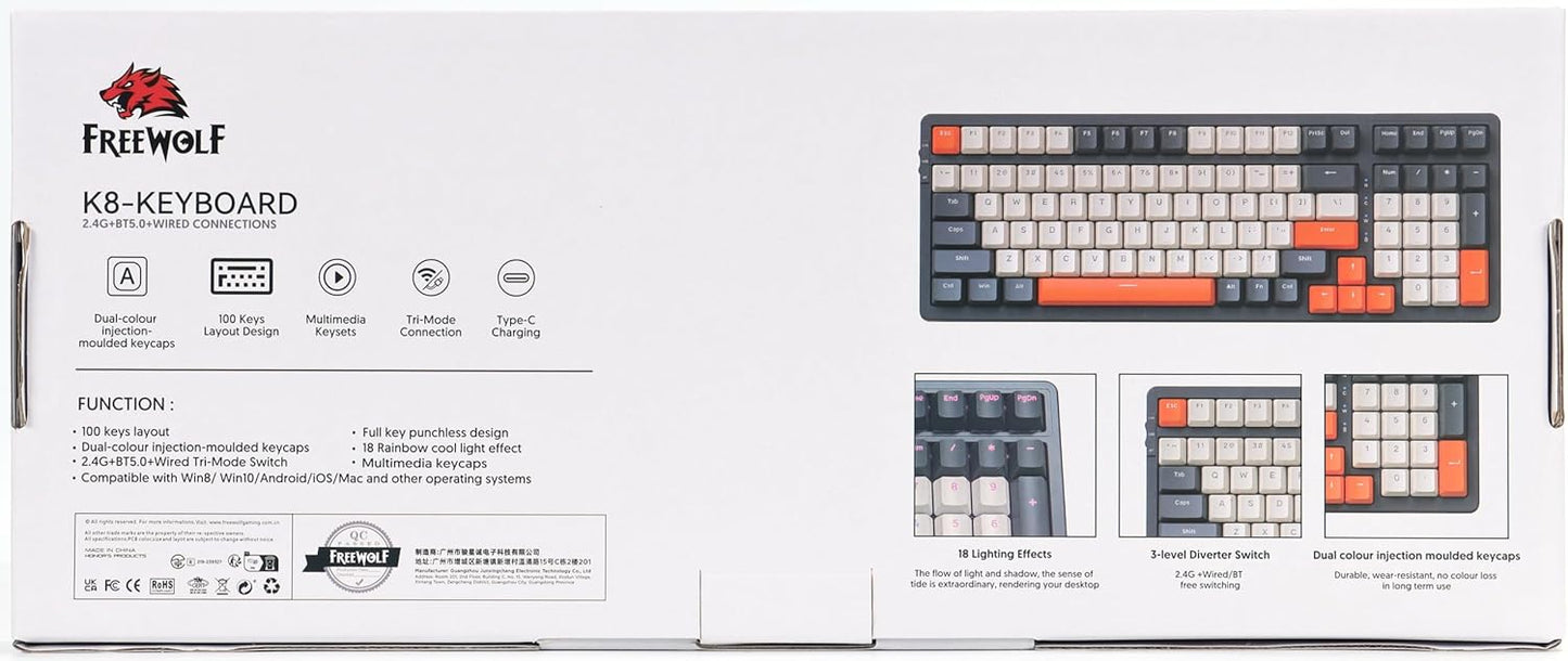 FREEWOLF K8 Wireless Hot Swap Mechanical Gaming Keyboard, Wired RGB Rainbow Backlit Keyboard Red Switch, Bluetooth 5.0/2.4Ghz/USB- C Tri Mode with 4000mAH Battery, US Layout for Mac/Win - Blue/White