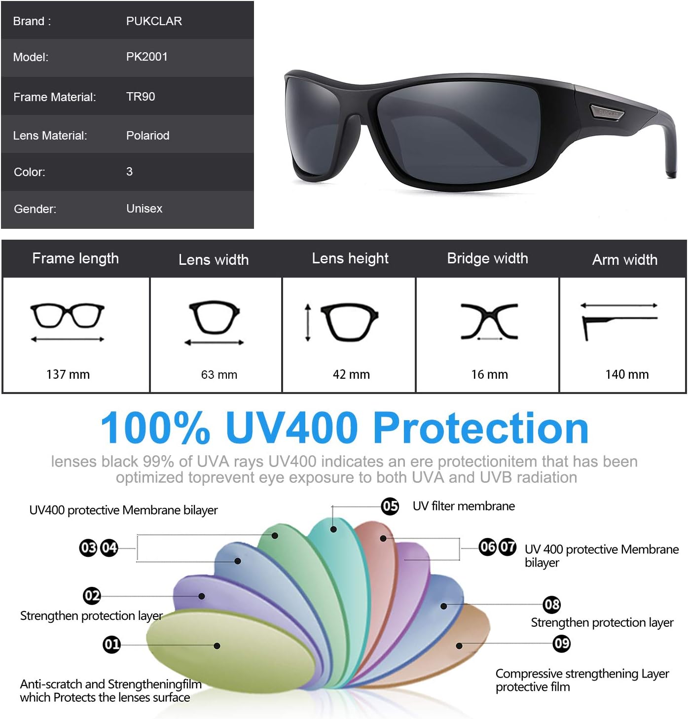 PUKCLAR Men’s Polarised Sunglasses, Sports Glasses, Cycling Glasses, Drivers Glasses, UV400 Protection, Category 3 Lens, CE Certified