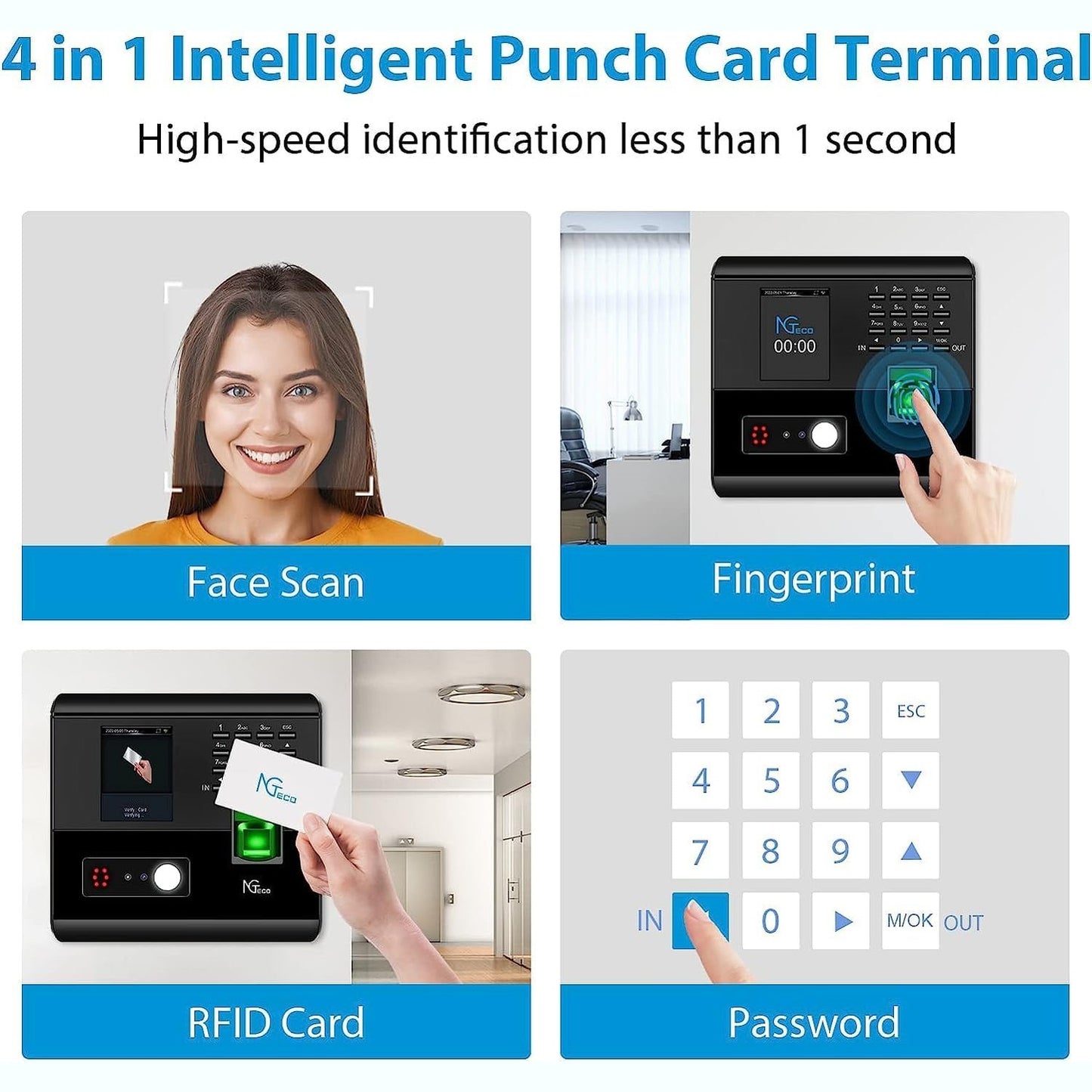 NGTeco Clock in Machine for Employees Time Attendance MachineWith Face, Fingerprint, RFID and PIN Punching in One, Office Time Card Machine Eff Manage Employee Attendance With APP for iOS Android
