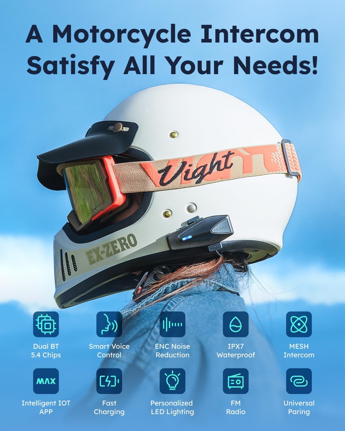 S1 Motorcycle Bluetooth Headset, 8 Riders Mesh Helmet Communication Systems with FM Radio, AI Voice Control Motorcycle Intercom, 60 Min Fast Charging, Auto Volume Control for ATV (S1-1 Pack)