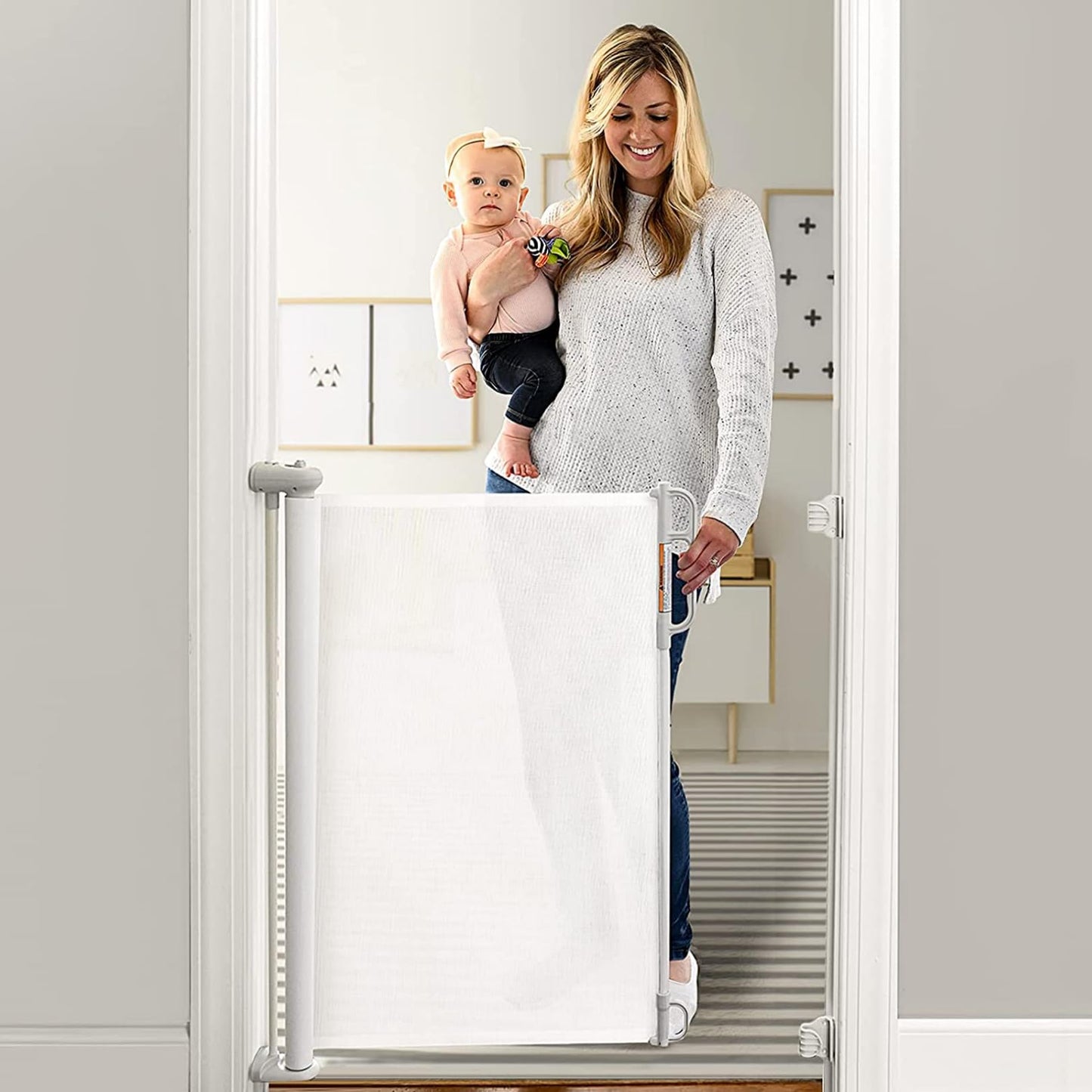 Poarta de siguranta Momcozy Retractable 140 cm x 83 cm gri