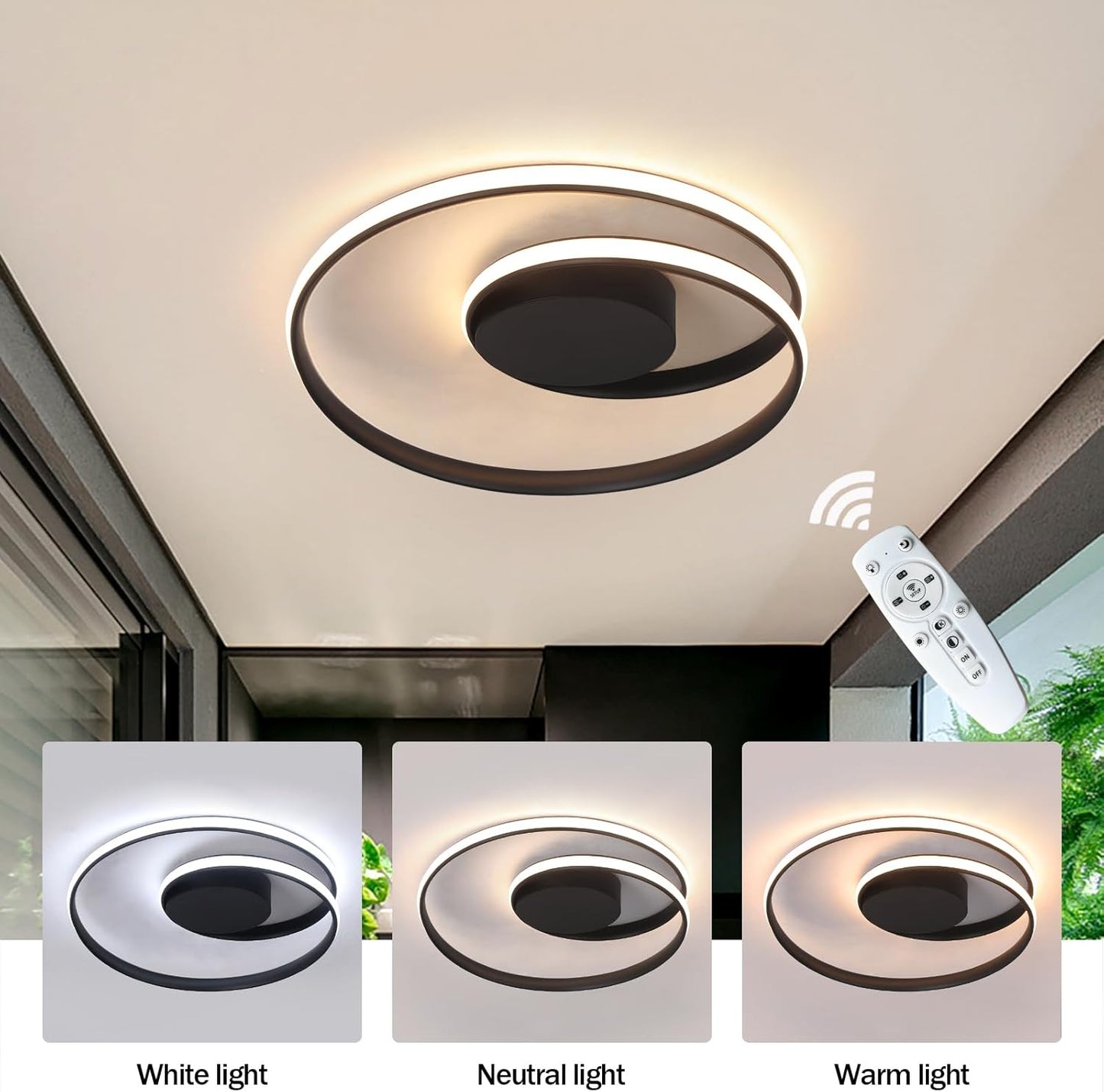 Kaniker Flush Mount Ceiling Light Fixture with Remote Control Led 18''Round Dimmable Bathroom Ceiling Light Hallway Light with 3 Colour Temperature Lamp 47W for Bedroom Corridor Kitchen (Black)