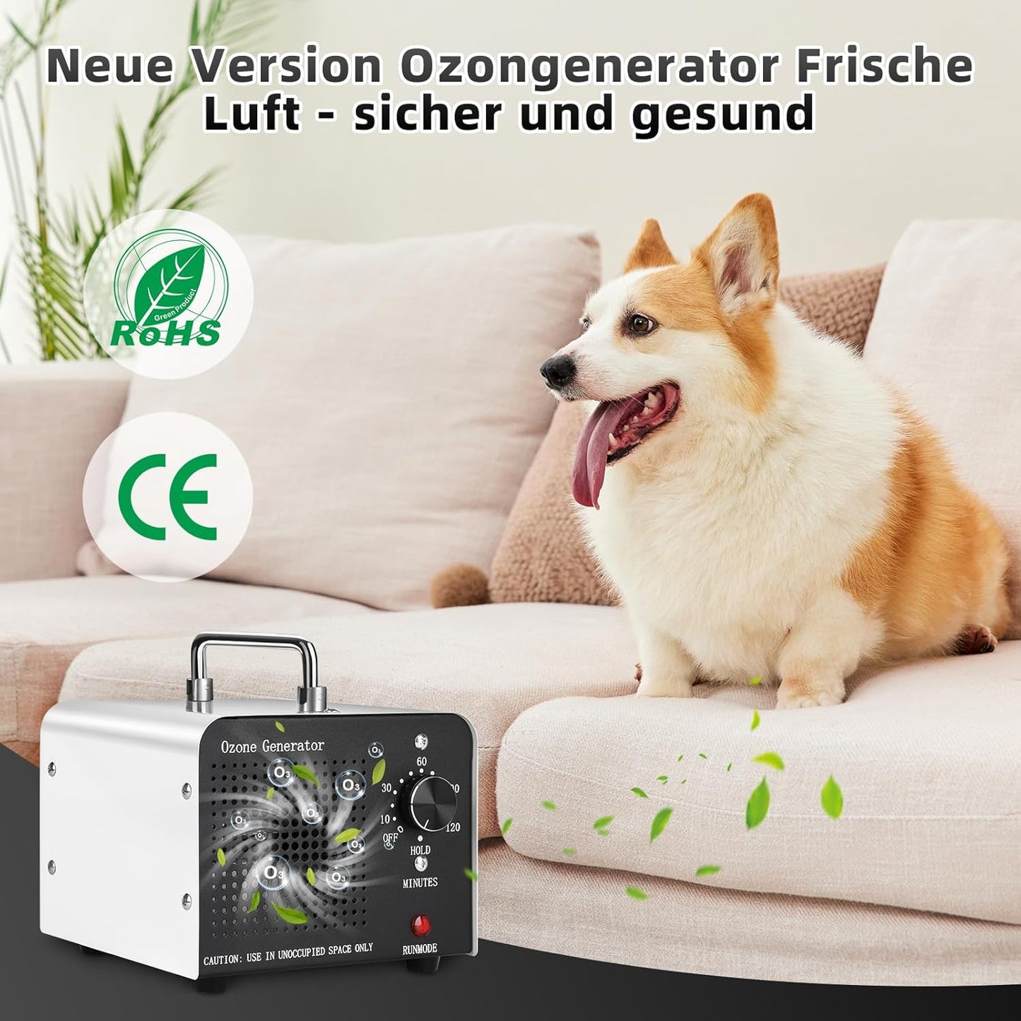 Ozone Generator 60,000 mg/h Ozone Device for 400 m², Portable O3 Ozone Air Purifier, Ozone Device with 120 Minute Timer, Odour Killer, Odour Neutraliser for Room, Office, Garage, Cars, Smoke and Pets