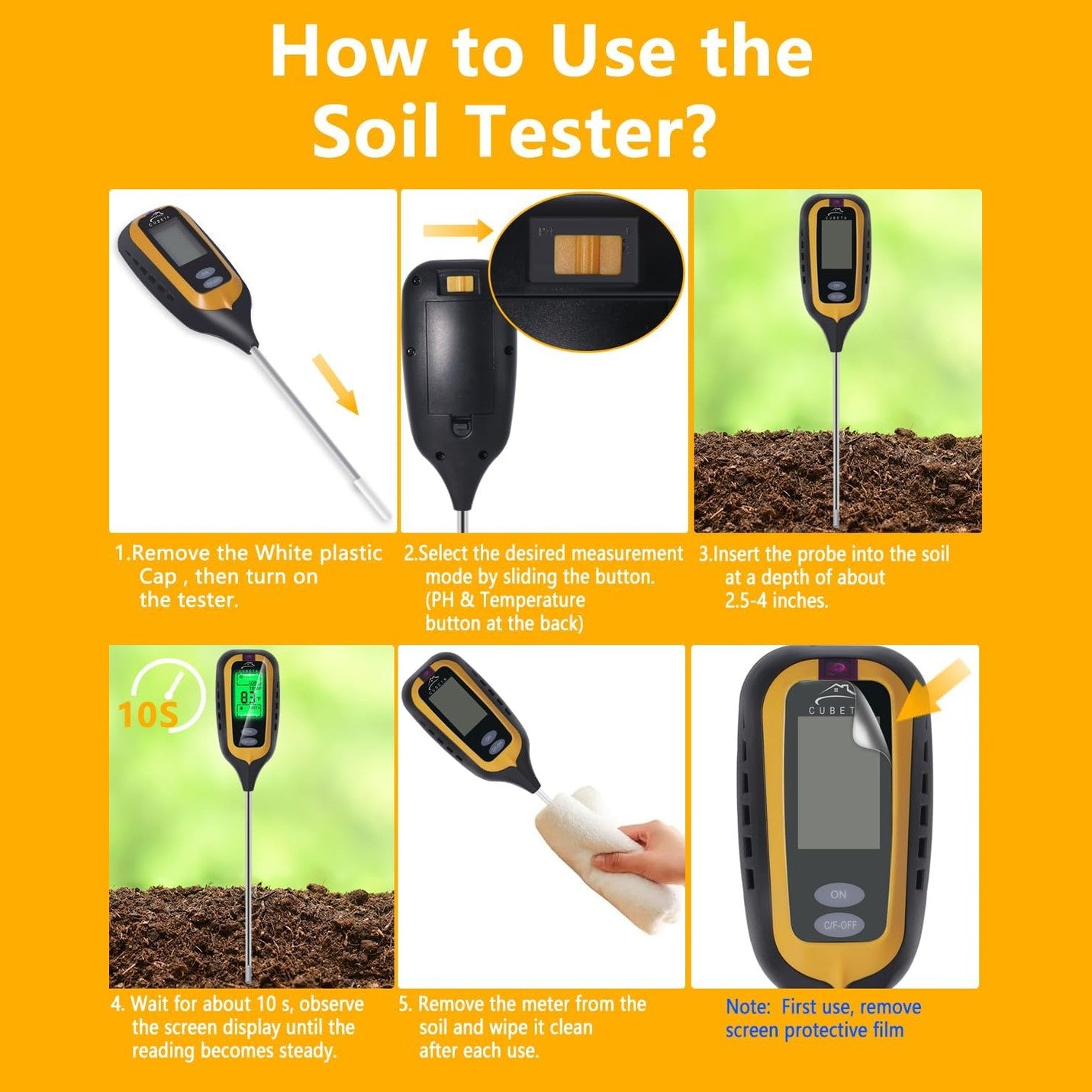 CUBETA Moisture Meter Plants Moisture Meter 4 in 1 Humidity/Temperature/pH/Light for Gardening, Lawn, Indoor Plants (Yellow)