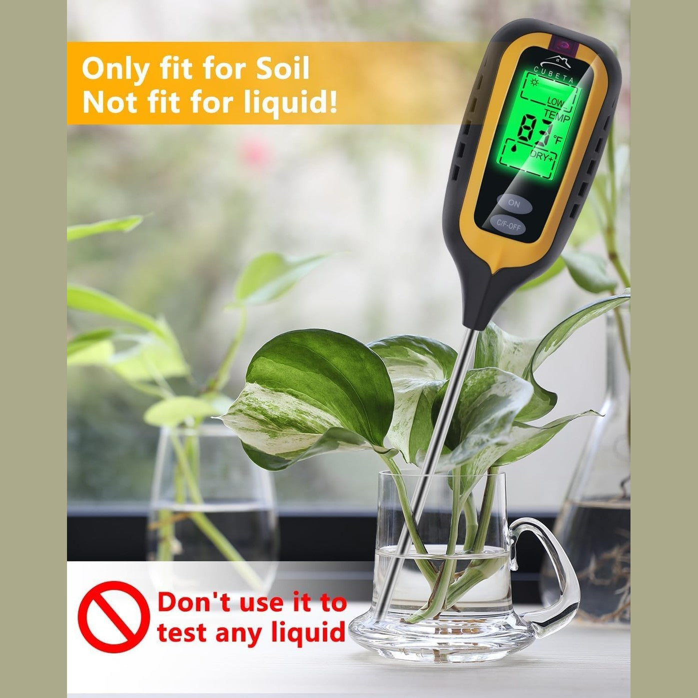 CUBETA Moisture Meter Plants Moisture Meter 4 in 1 Humidity/Temperature/pH/Light for Gardening, Lawn, Indoor Plants (Yellow)