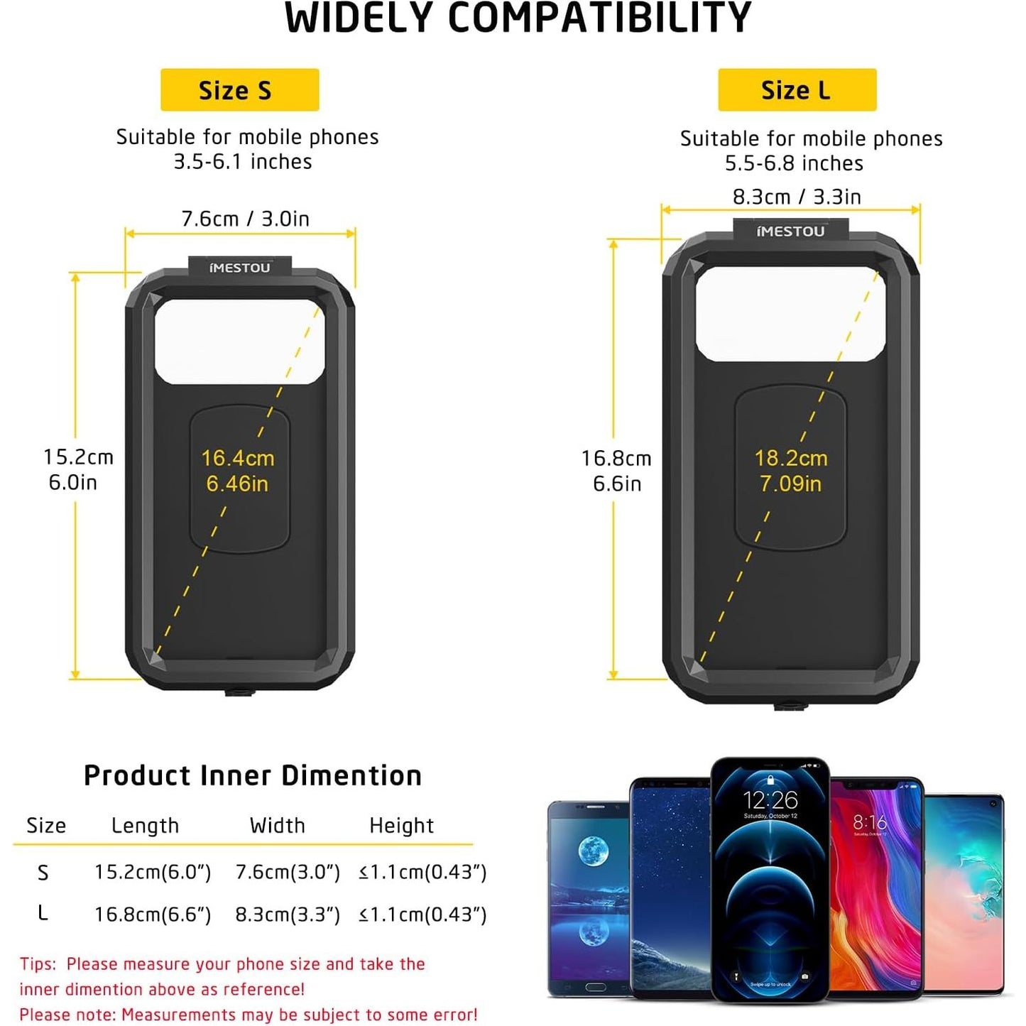 iMESTOU IP66 Waterproof Bicycle Mobile Phone Holder with 2.5 cm Ball Head, Suitable for RAM B Components / 2.5 cm Double Socket Arms, Suitable for 3.5 - 6.1 Inch Mobile Phones with Max. Thickness 1.1
