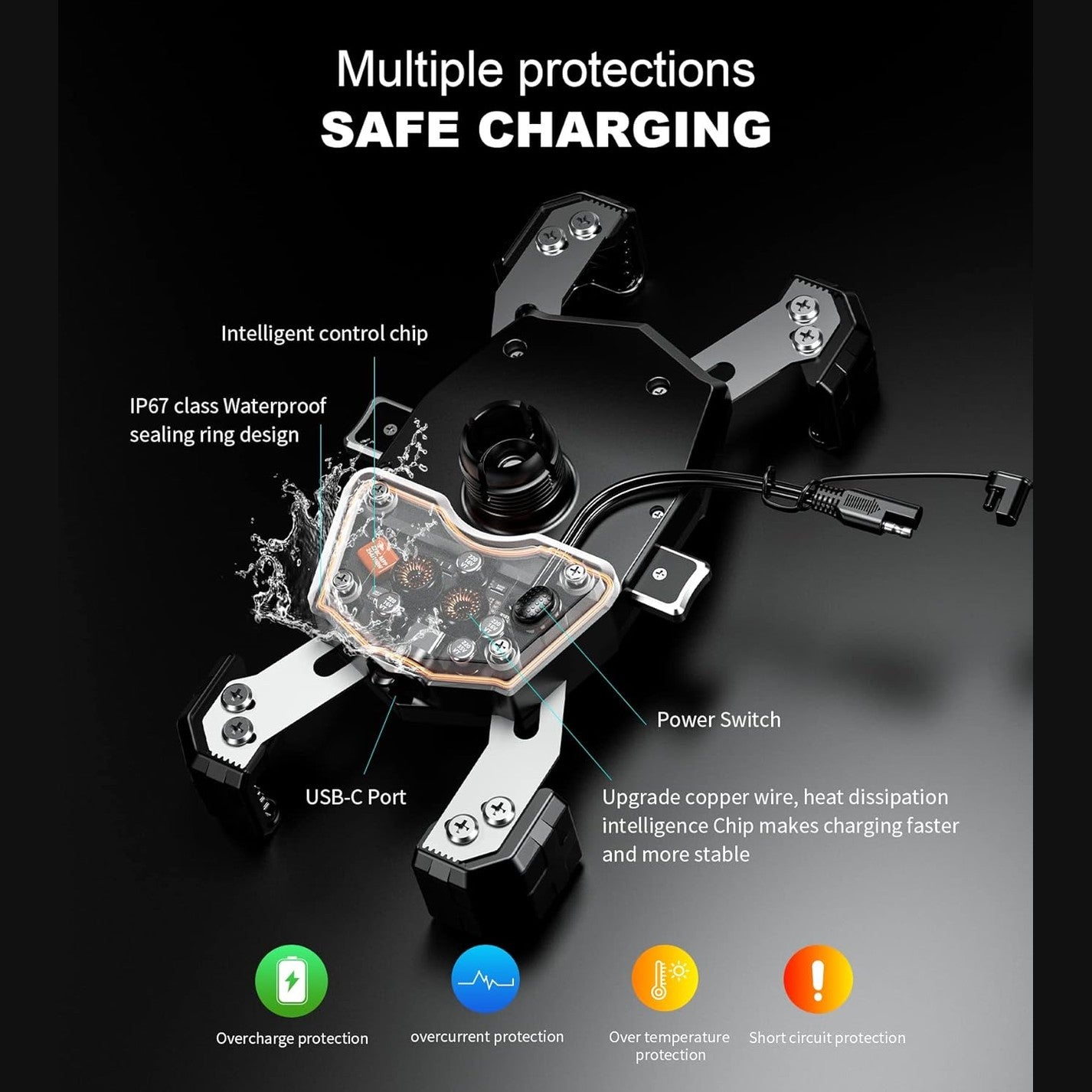 Kewig Mobile Phone Holder Bicycle, 15 W Wireless and USB-C 20 W, 360° Rotatable Motorcycle Bicycle Mobile Phone Holder, Waterproof, Suitable for 4-7 Inch Smartphones