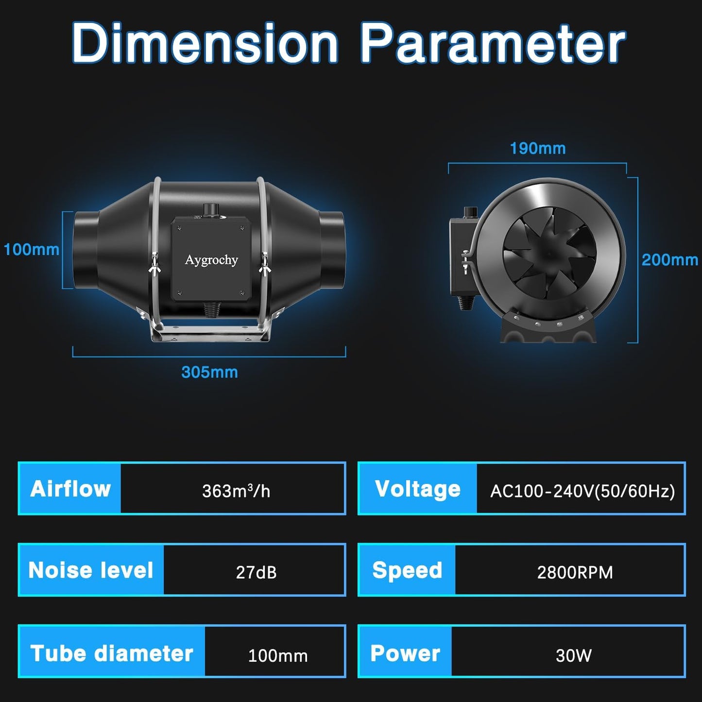 Aygrochy 100 mm adjustable pipe fan, 363 m³/h, three-phase EC motor, smoke extractor fan, inline pipe fan for ventilation and exhaust air fan.