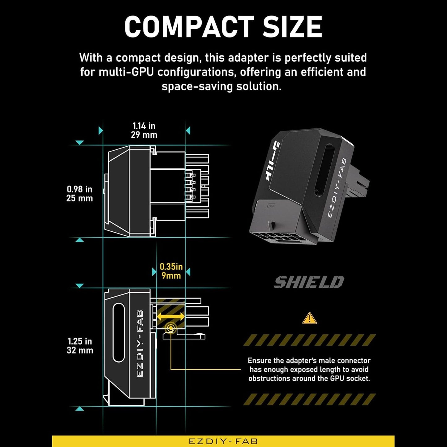 EZDIY-FAB Shield PCIe 5.1 GPU Power Adapter -12VHPWR/12V2x6 16 Pin Right Angle Adapter for 12+4pin RTX 3090Ti 4070Ti 4080 4090 GPU,90 Degree Right Angle - RVS Type, Black, 1 Pack