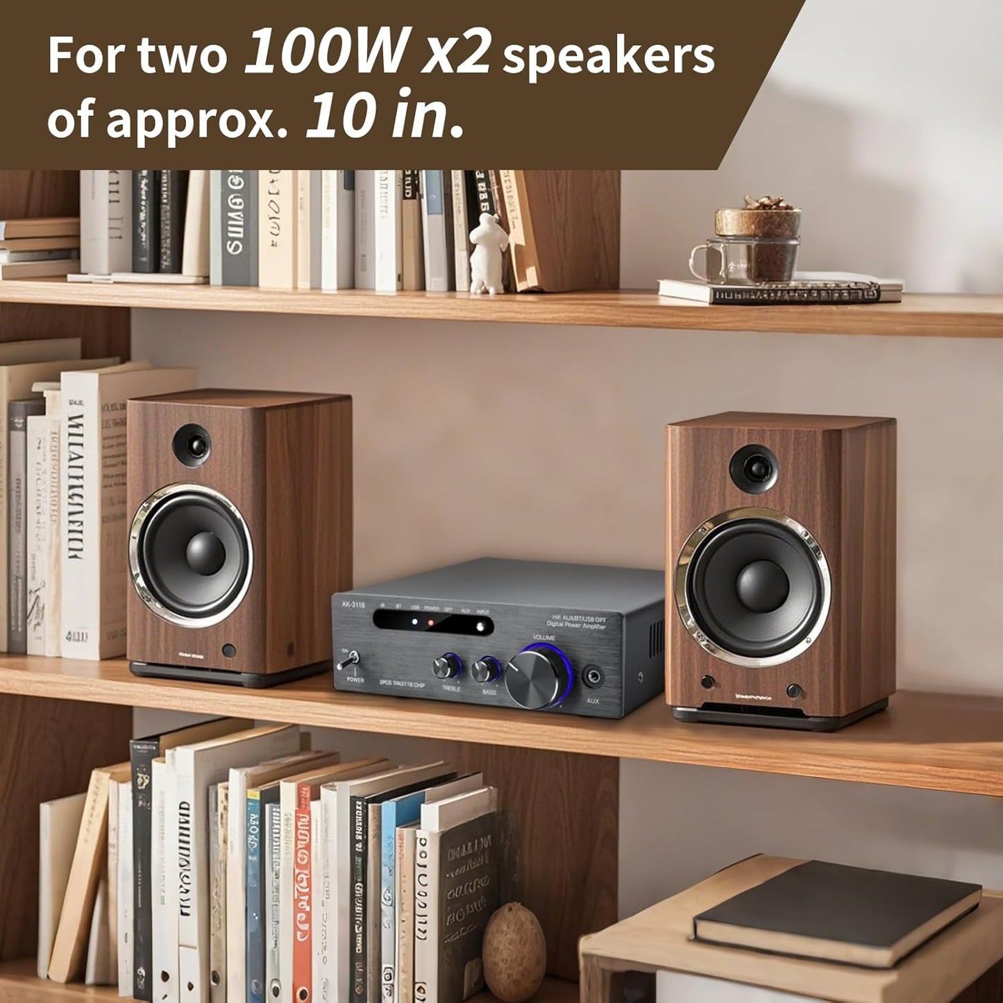 HiFi Amplifier, 2000W Mini HiFi Amplifier, 2.0 Channel 100W*2 Bluetooth 5.3 TPA3116 Chip Stereo Audio Amplifier, Digital Power Amplifier Sound Amplifier, Opt/AUX/USB Card Input, for Home or Car