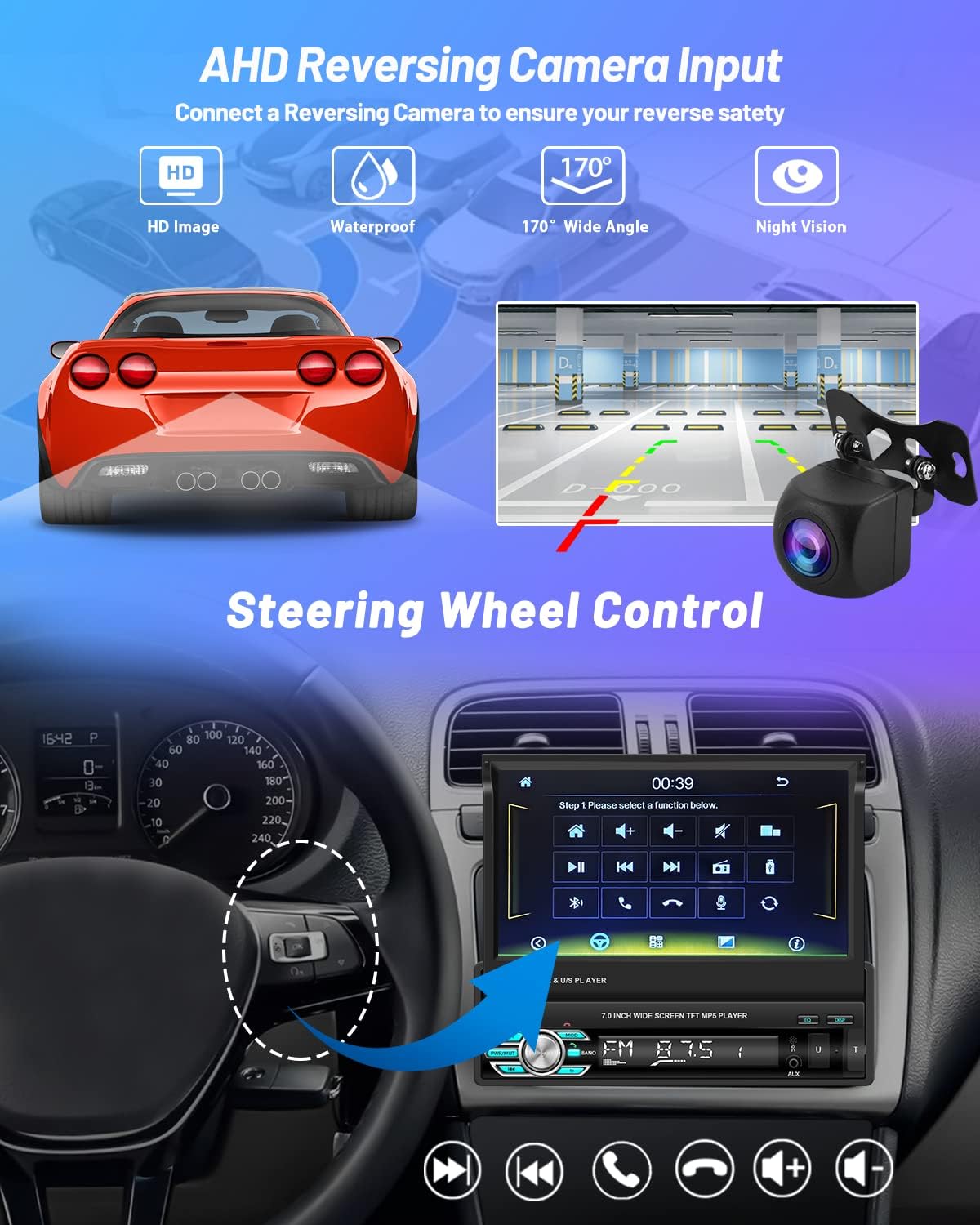 Hikity Apple Carplay Car Radio 1 DIN with Screen, 7 Inch Manual Touchscreen Car Radio Bluetooth with Android Car Mirror Link FM SWC USB AUX TF Car Radio Touch Display with Reversing Camera AHD