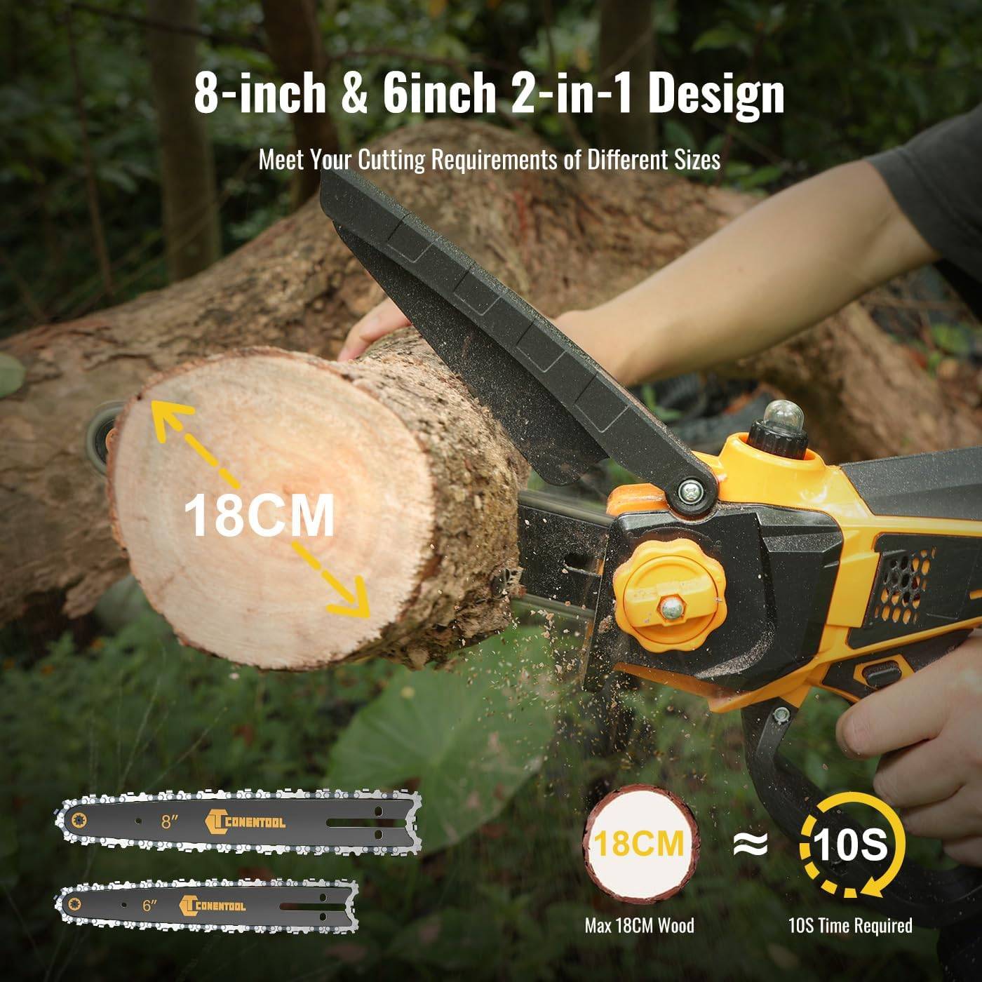 CONENTOOL Brushless Mini Chainsaw, 6 + 8 Inch Battery Chainsaw with Automatic Oiler, 2 Batteries 2.5 Ah and Charger, 900 W One-Handed Chainsaws for Garden Shears, Loppers Wood Cutting