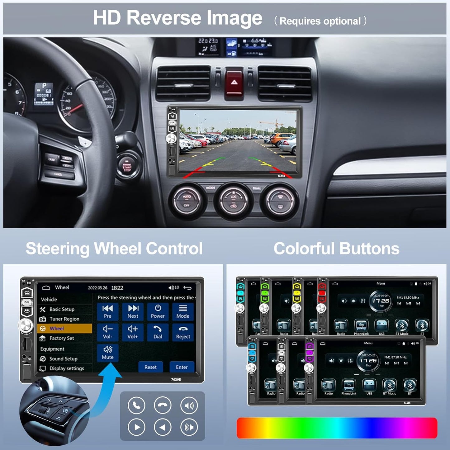 CAMECHO 1 DIN Car Radio with CarPlay Android Car 7 Inch Screen with Bluetooth Touchscreen with Reversing Camera Mirror Link FM Radio SWC USB