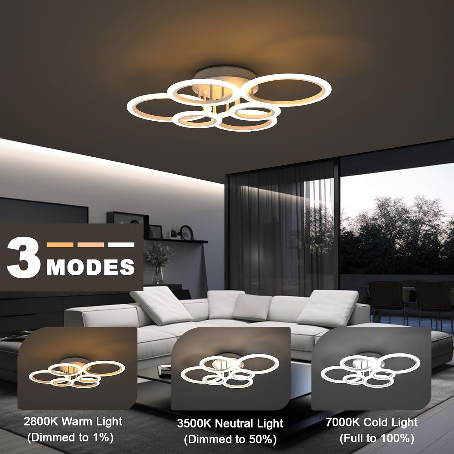 RUYI Ceiling Lights,Modern LED Arylic 6 Ring 72W 6400LM Flush Chandeliers Lamp with Remote Control,for Living Room,Bedroom,Bathroom,Dimmable 2800-7000K